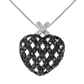 0.85 cttw Black and White Diamond Heart Pendant .925 Sterling Silver With Chain