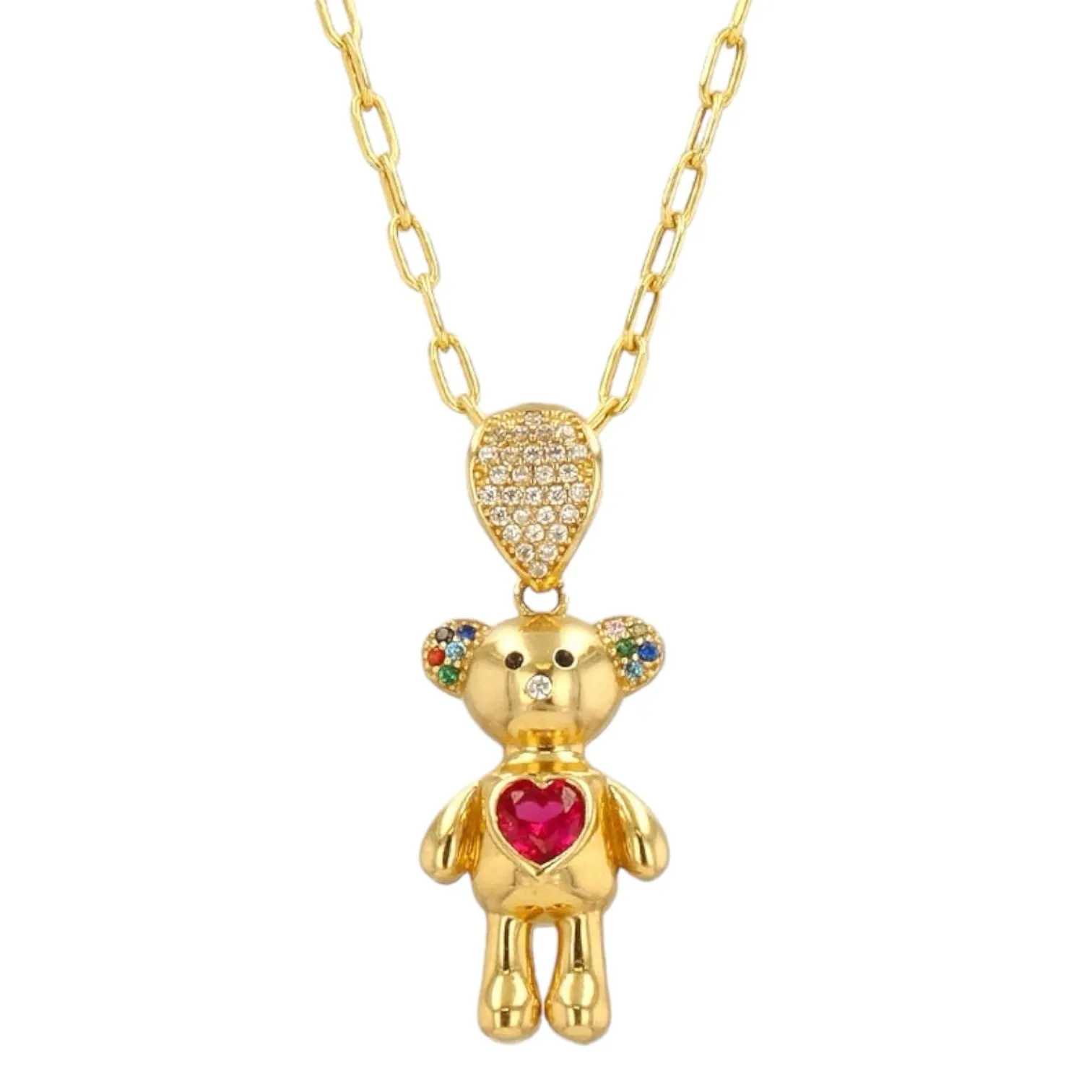 10K Yellow Gold red Teddy Bear Charm paper clip choker-53839