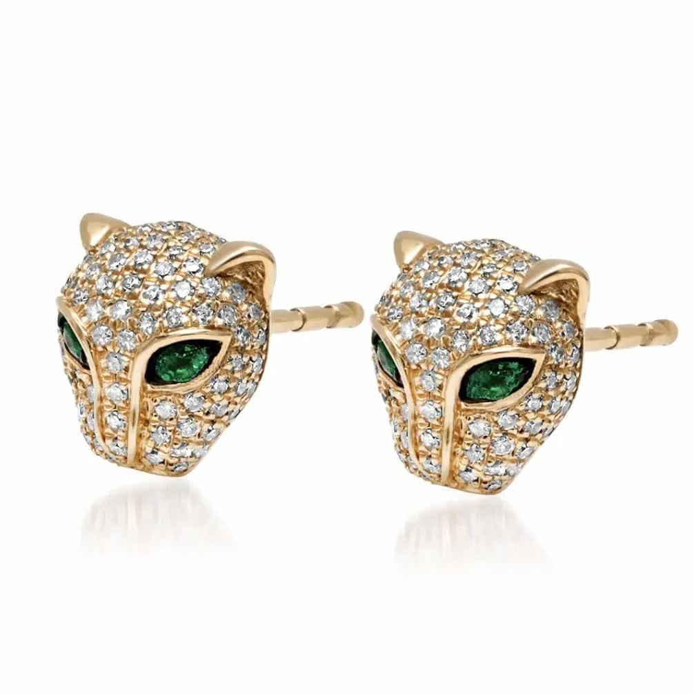 14K Gold Panther Stud Earrings with Emerald Eyes