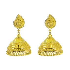 22K Yellow Gold Jhumki Earrings W/ Butta & Detailed Engravings on Mango Pendant