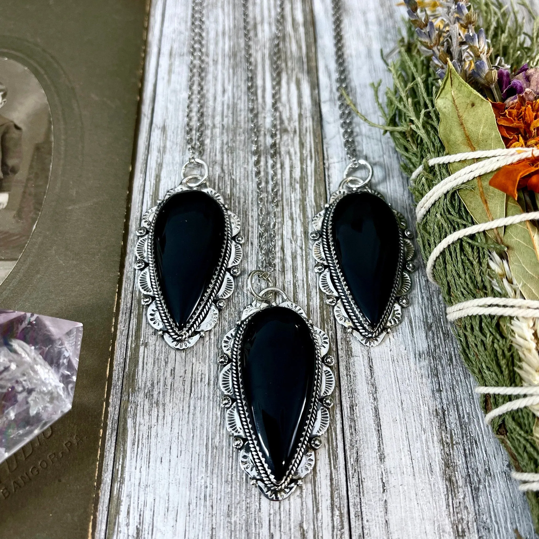 Black Onyx Crystal Teardrop Necklace in Sterling Silver  -Designed by FOXLARK Collection / Witchy Necklace Goth Jewelry