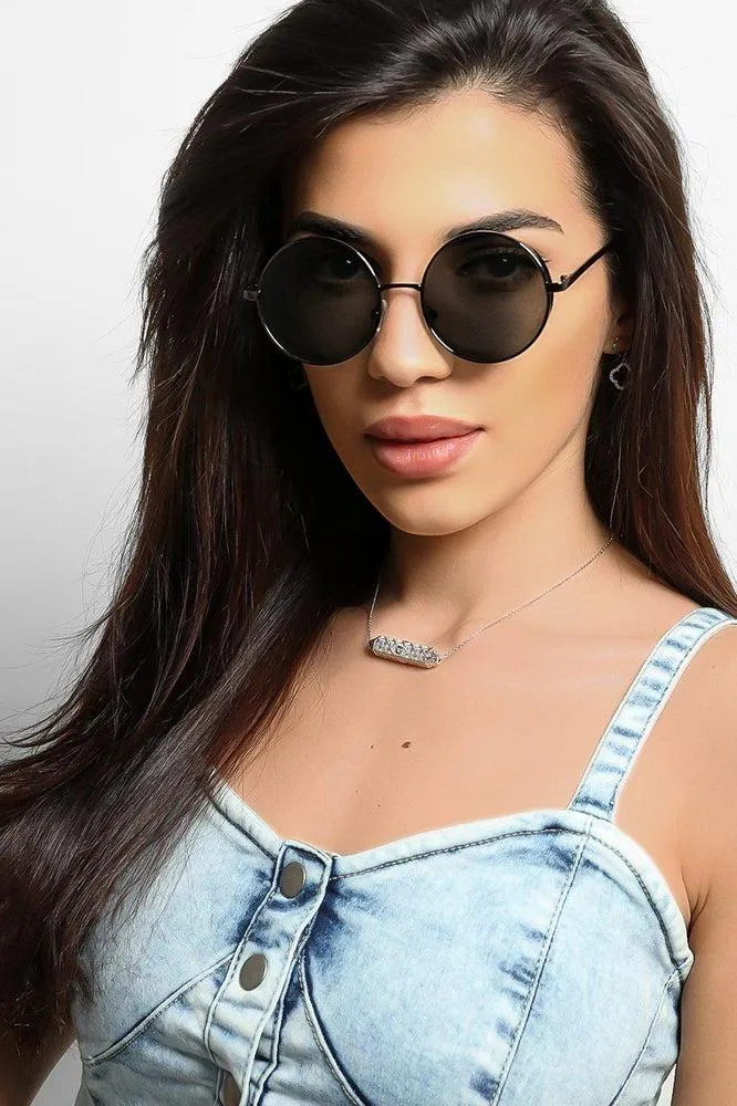 Black Retro Round Aviator Sunglasses