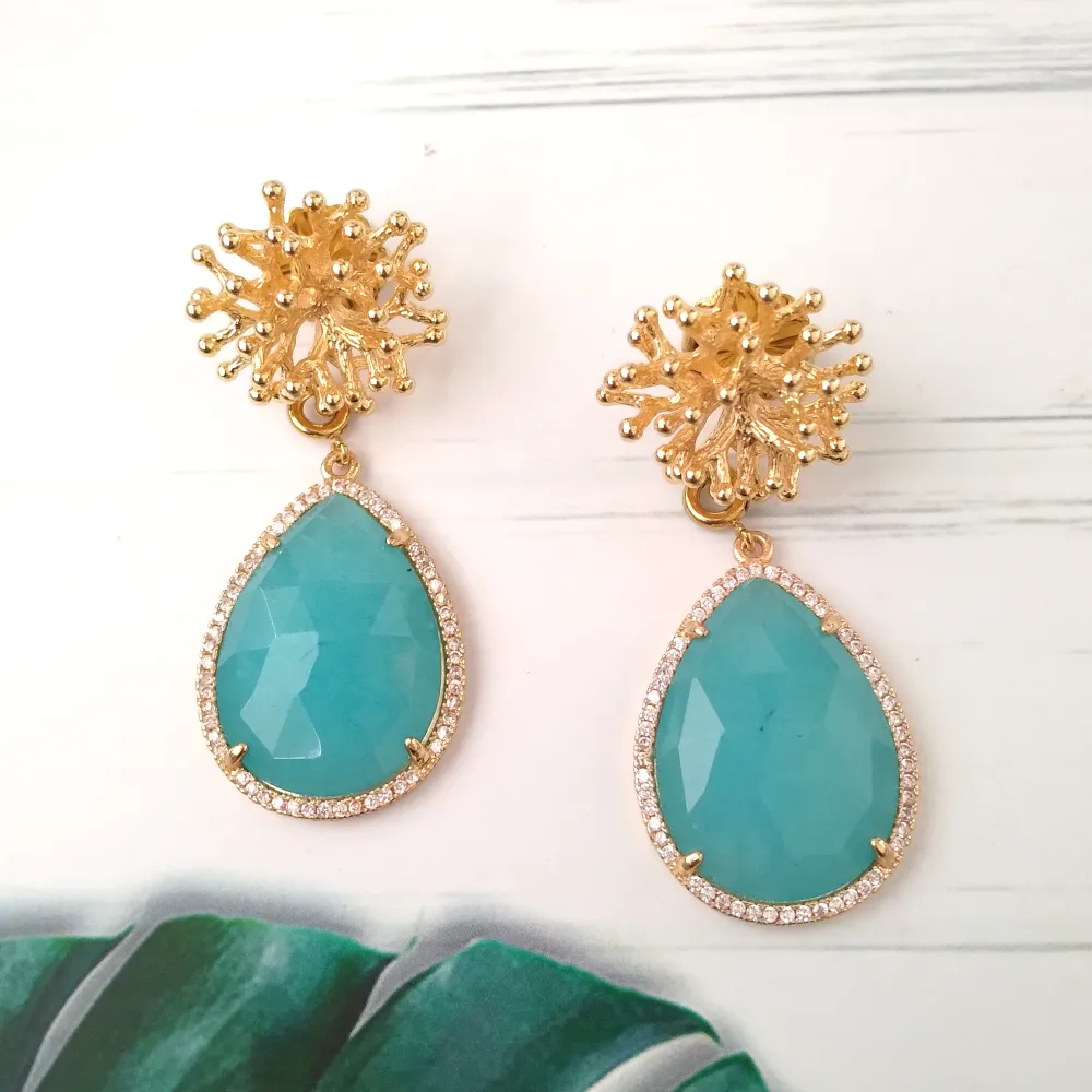 Branch Coral Stud with Teardrop Blue Chalcedony Earrings