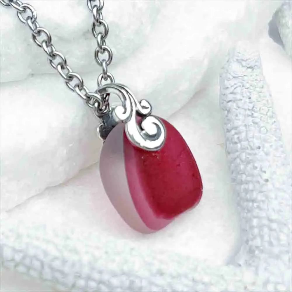 Dark Raspberry Pink English Multi Sea Glass Pendant | #5150