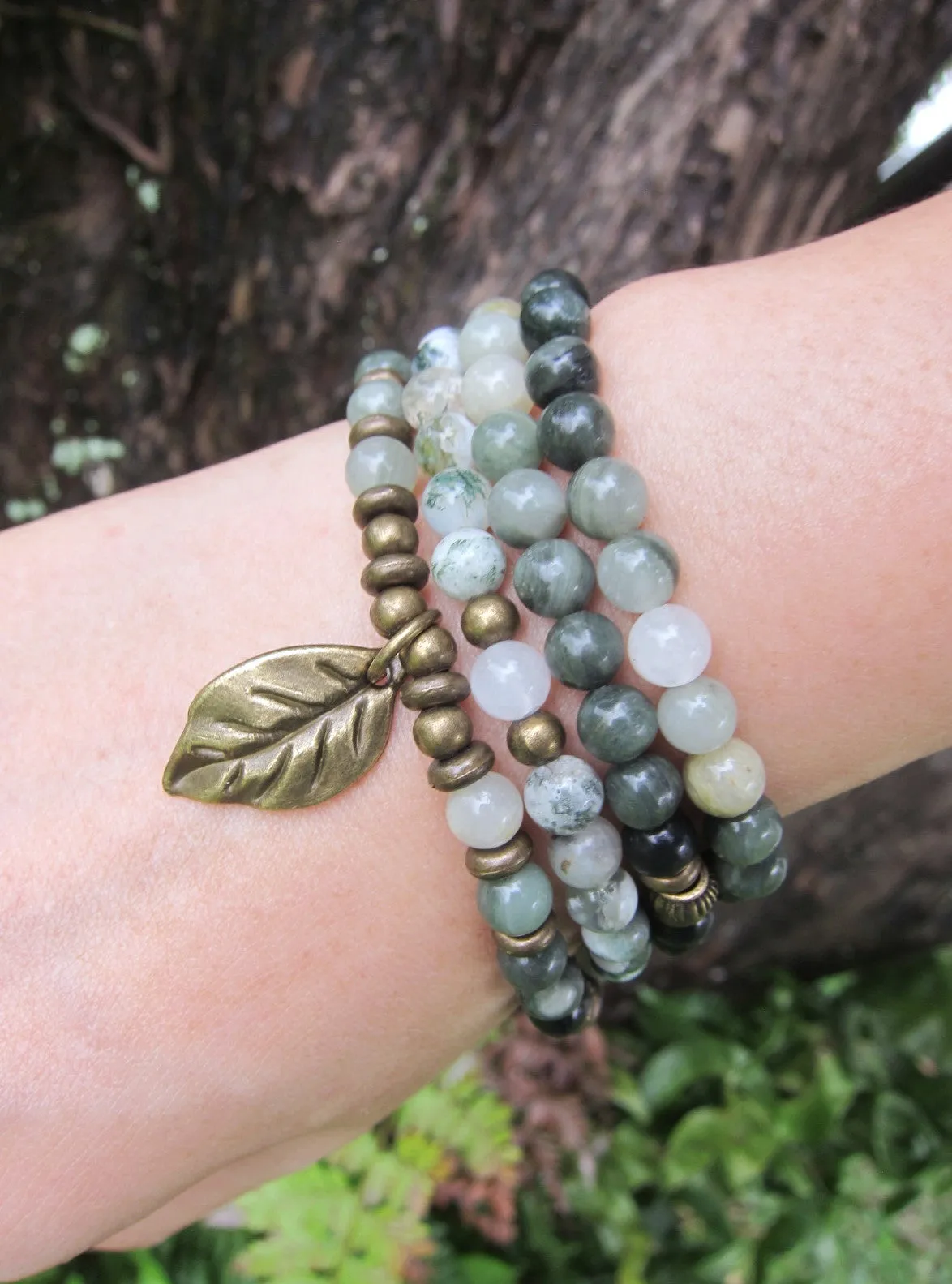 Forest Green Jade, Russian Shungite, Tree Agate Mala Necklace