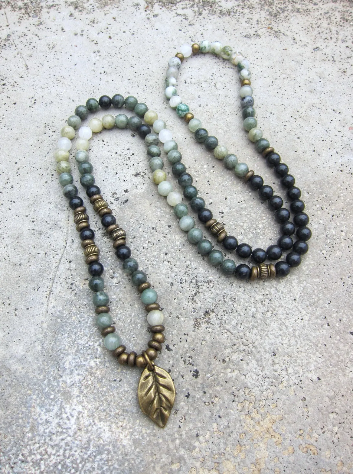 Forest Green Jade, Russian Shungite, Tree Agate Mala Necklace