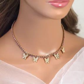 Gold Pink Rhinestone Butterfly Choker Necklace Butterfly Drop Necklace  Minimalist  Gold Butterfly  Necklace