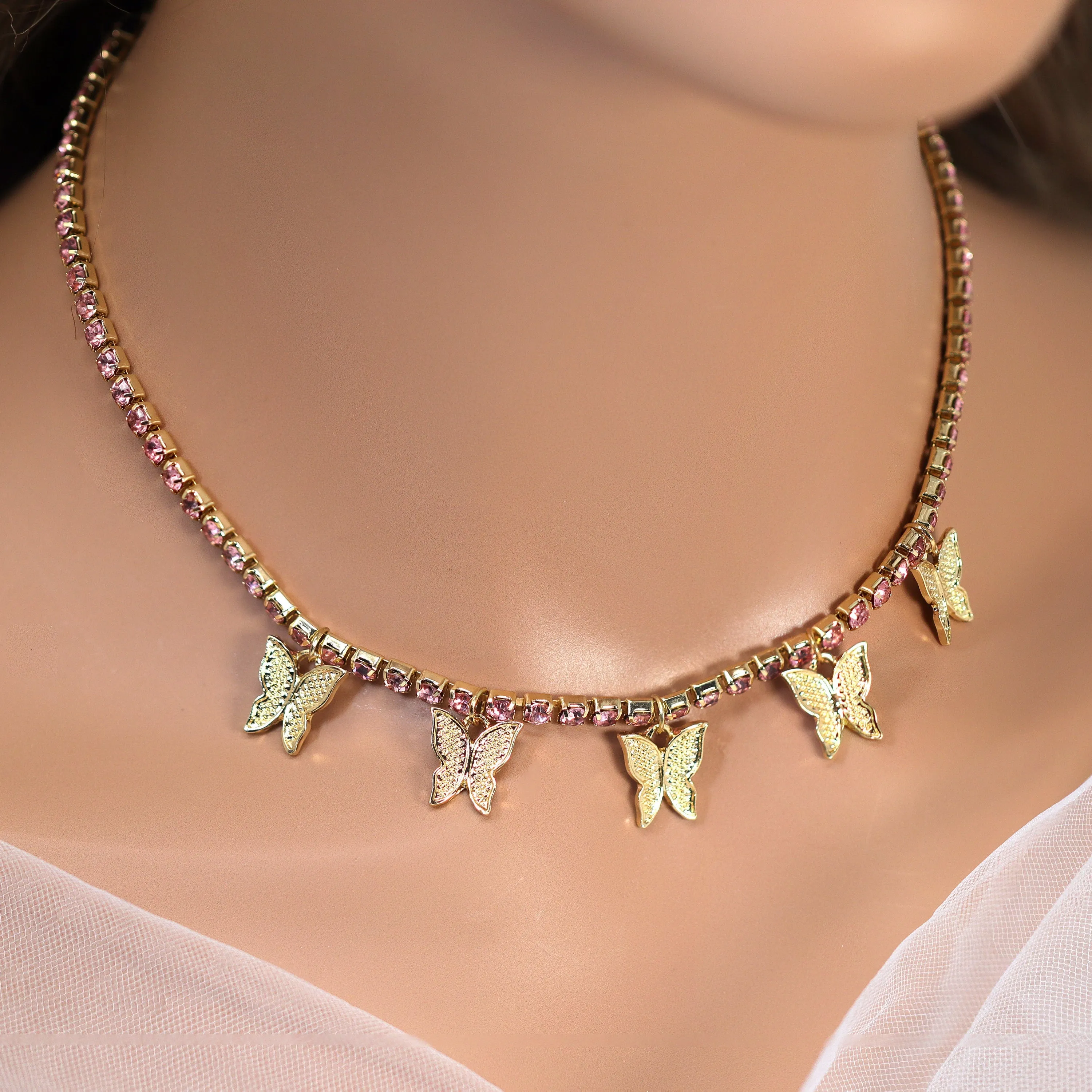 Gold Pink Rhinestone Butterfly Choker Necklace Butterfly Drop Necklace  Minimalist  Gold Butterfly  Necklace