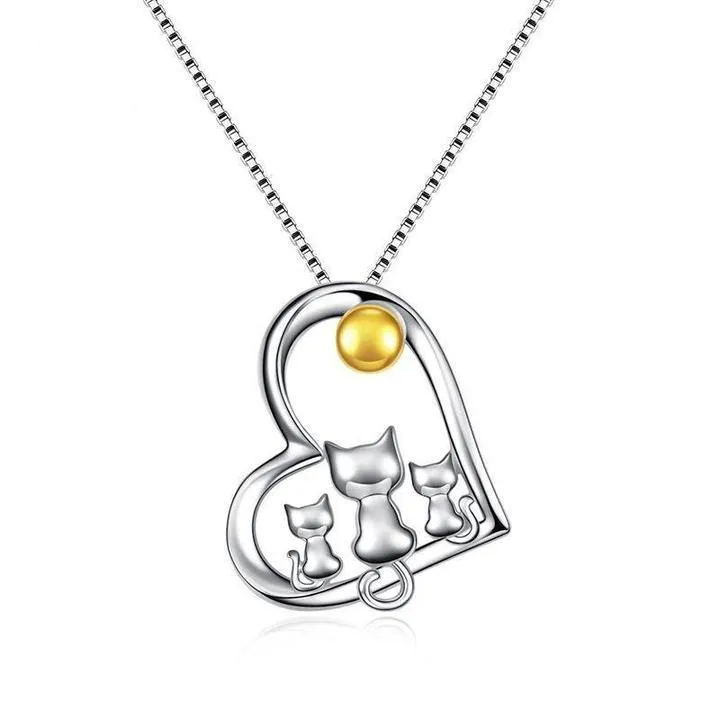 Heart Pendant Necklace With Family Cat