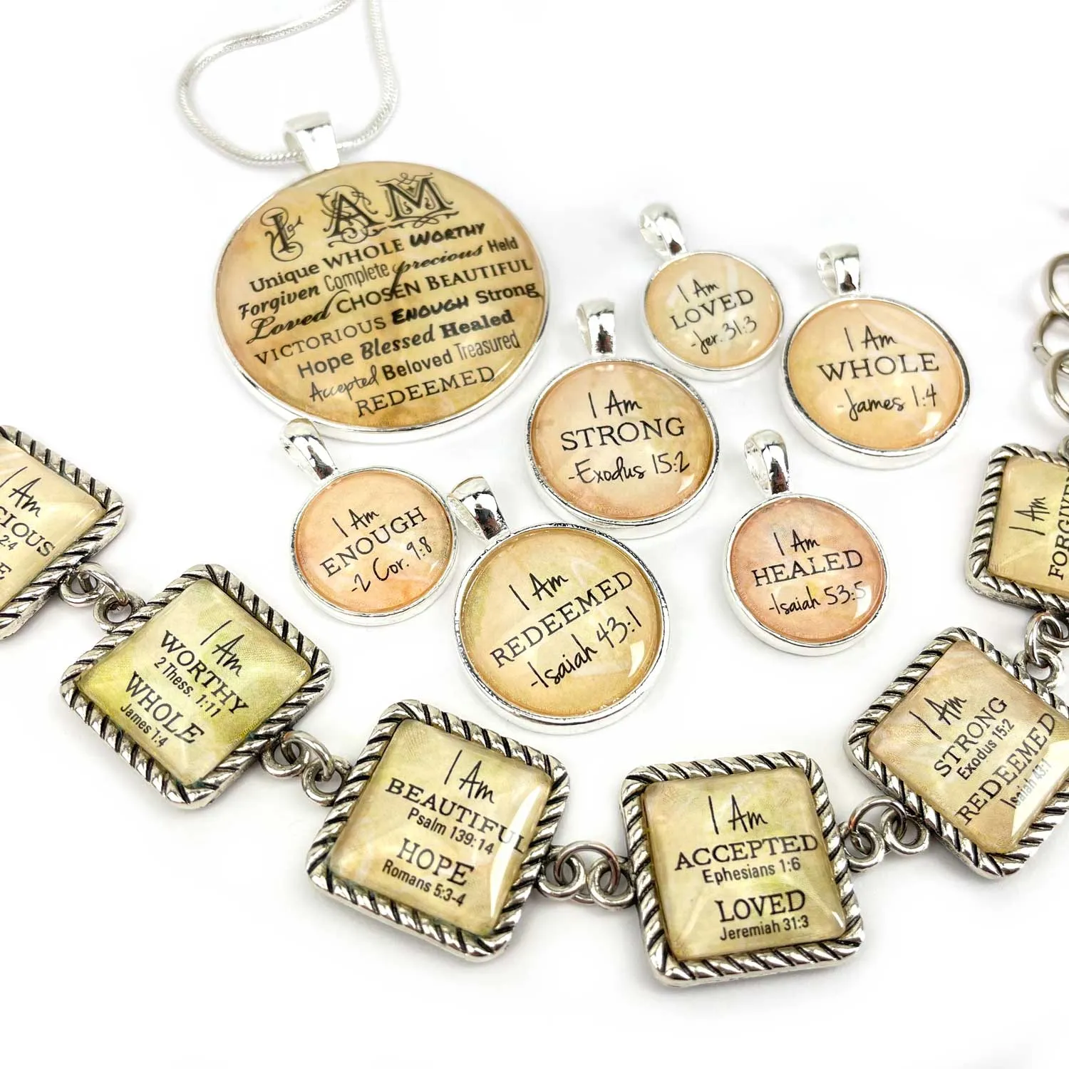 I AM Forgiven, Psalm 103:12 – Christian Affirmations Scripture Pendant Necklace (2 Sizes) – Jewelry Set