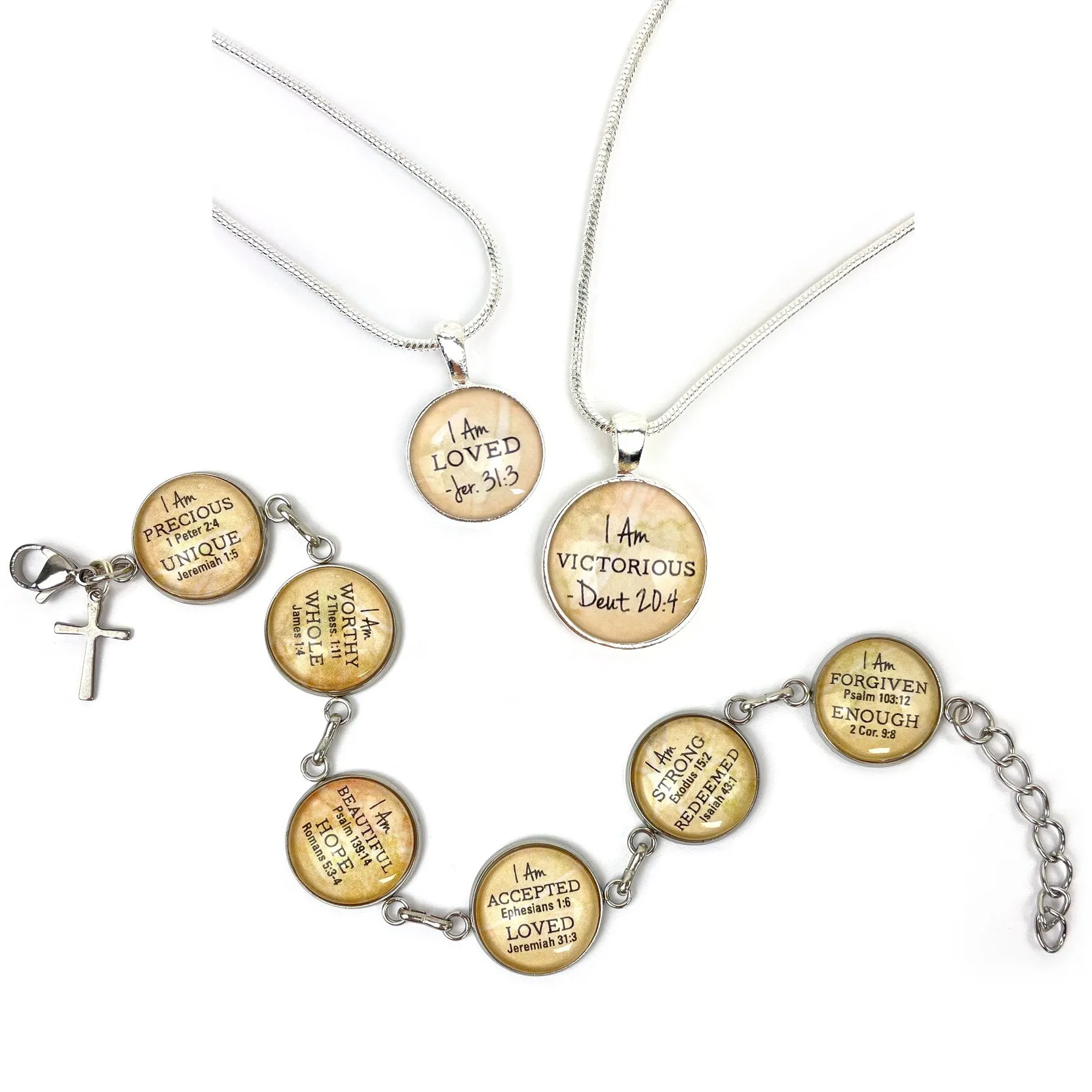 I AM Forgiven, Psalm 103:12 – Christian Affirmations Scripture Pendant Necklace (2 Sizes) – Jewelry Set