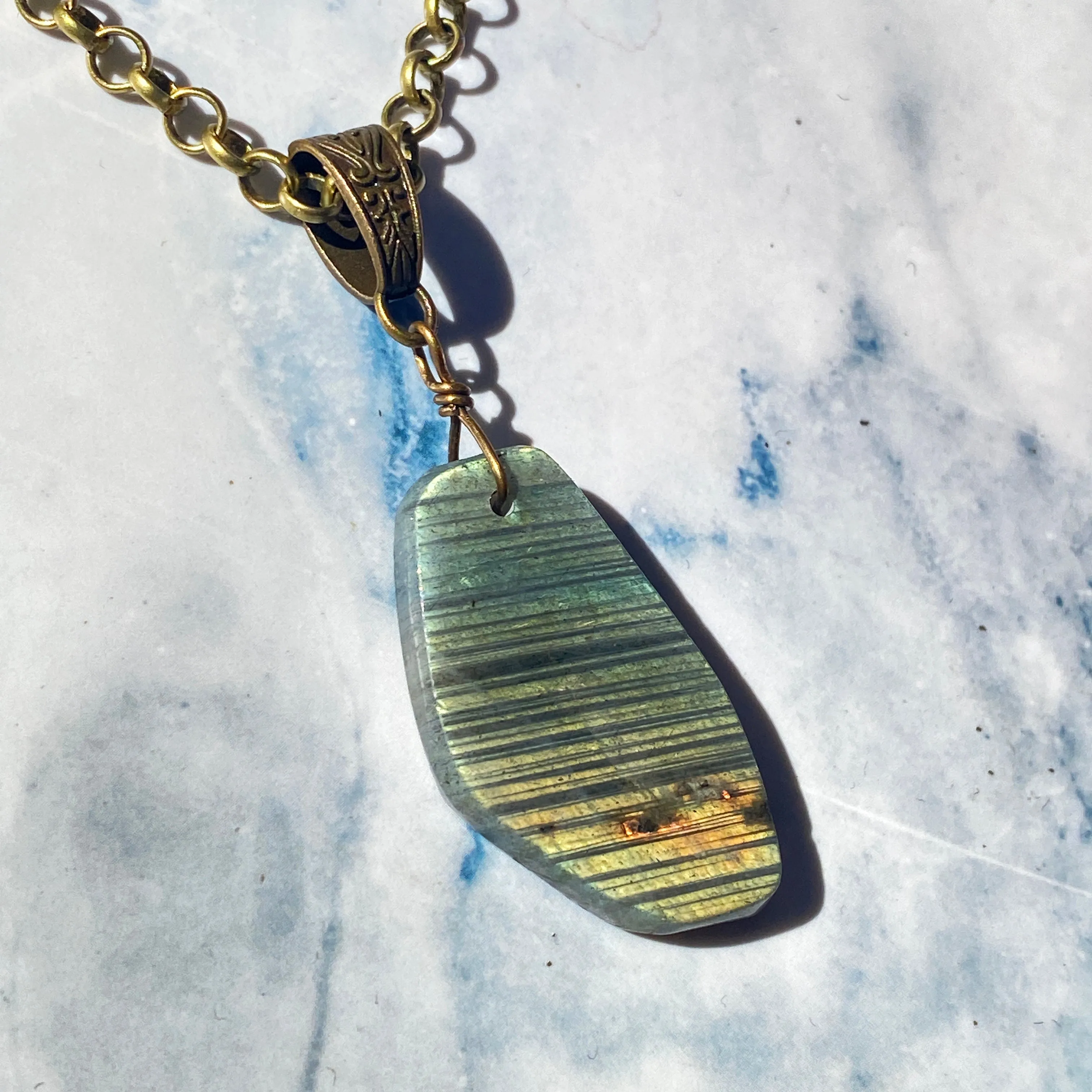 Labradorite gemstone Pendant on Brass Chain necklace