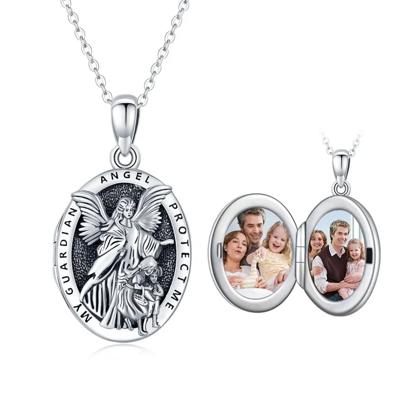 Lady of Guardian Angel Necklace for Women Men 925 Sterling SilverLocket Necklace Christian Religious Amulet Jewelry Gift