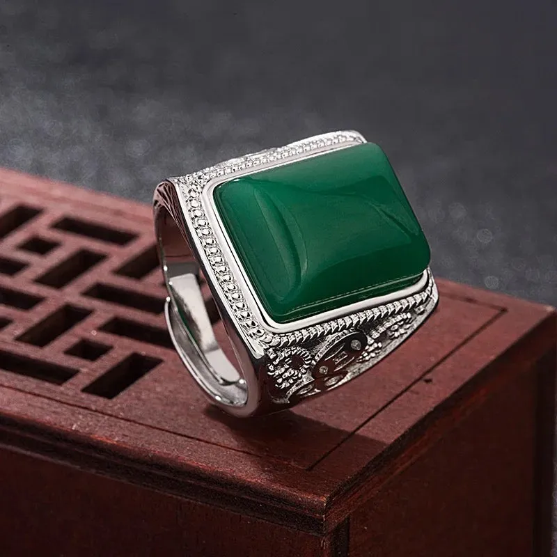 Men's Green Agate Ring 925 Silver Vintage Men's Chrysoprase Ring S4578476