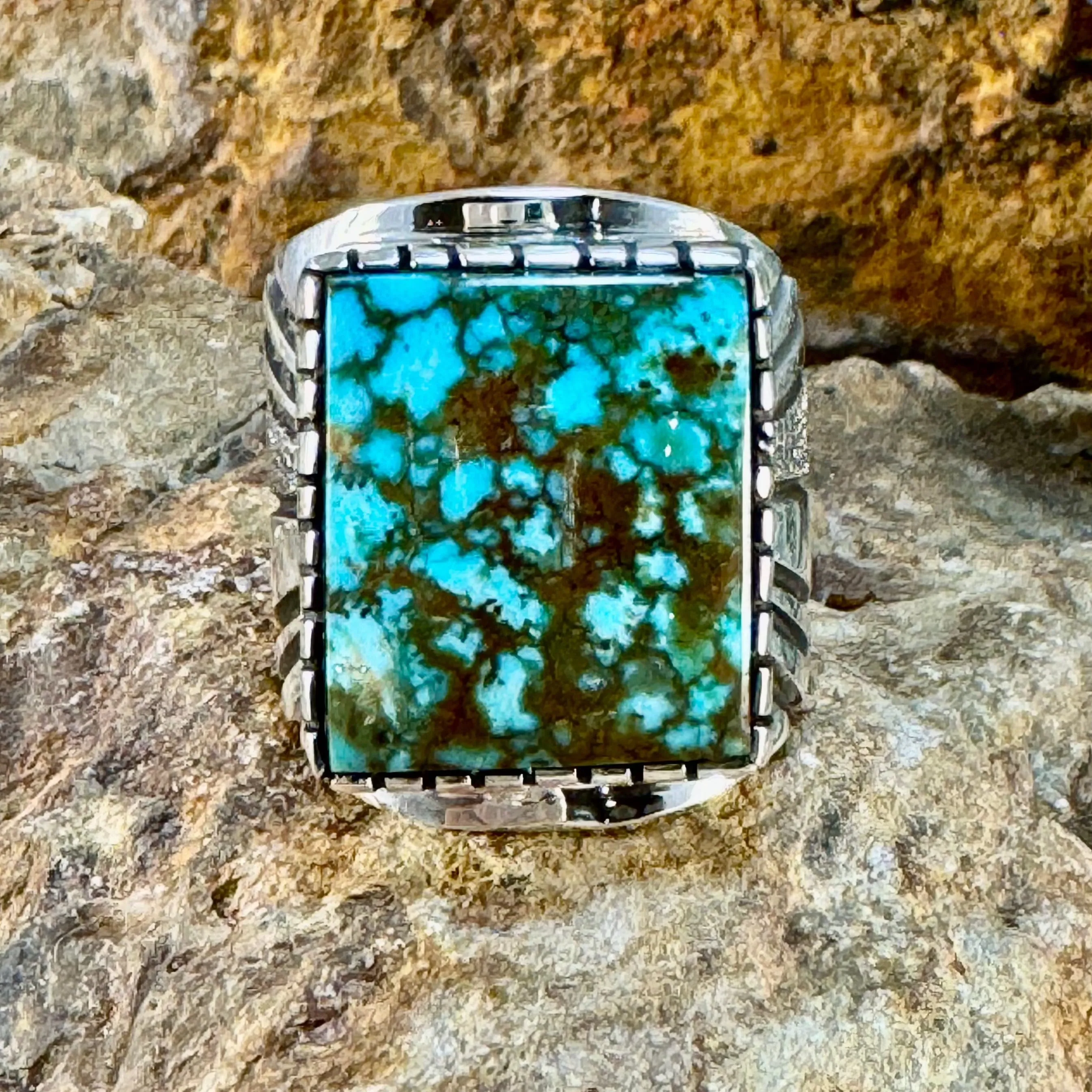 Men's Kingman Turquoise Sterling Silver Ring by Leonard Nez Size 11.5