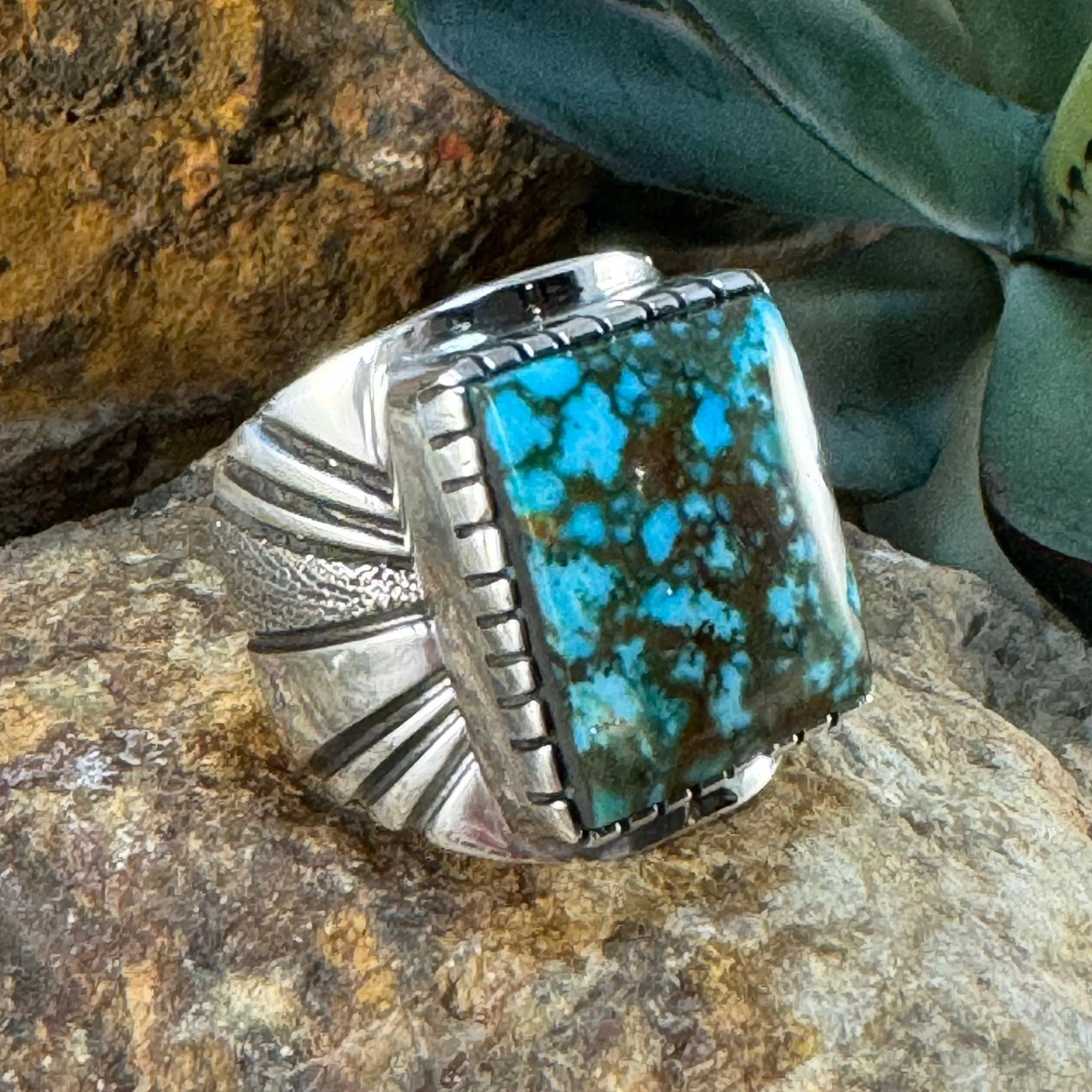 Men's Kingman Turquoise Sterling Silver Ring by Leonard Nez Size 11.5