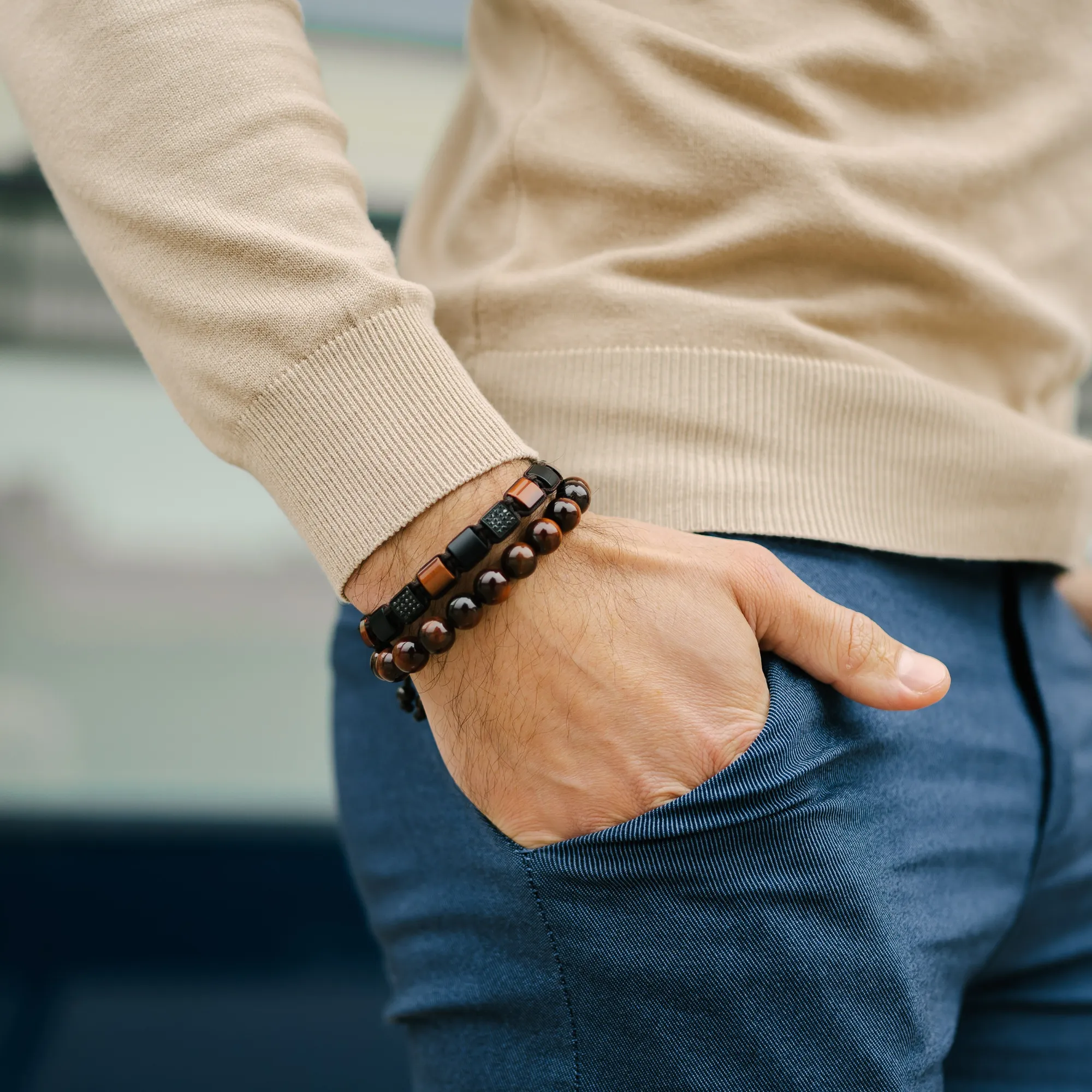 Men's RED TIGER EYE, MATTE ONYX Flat bead Bracelet - One Size Fits All