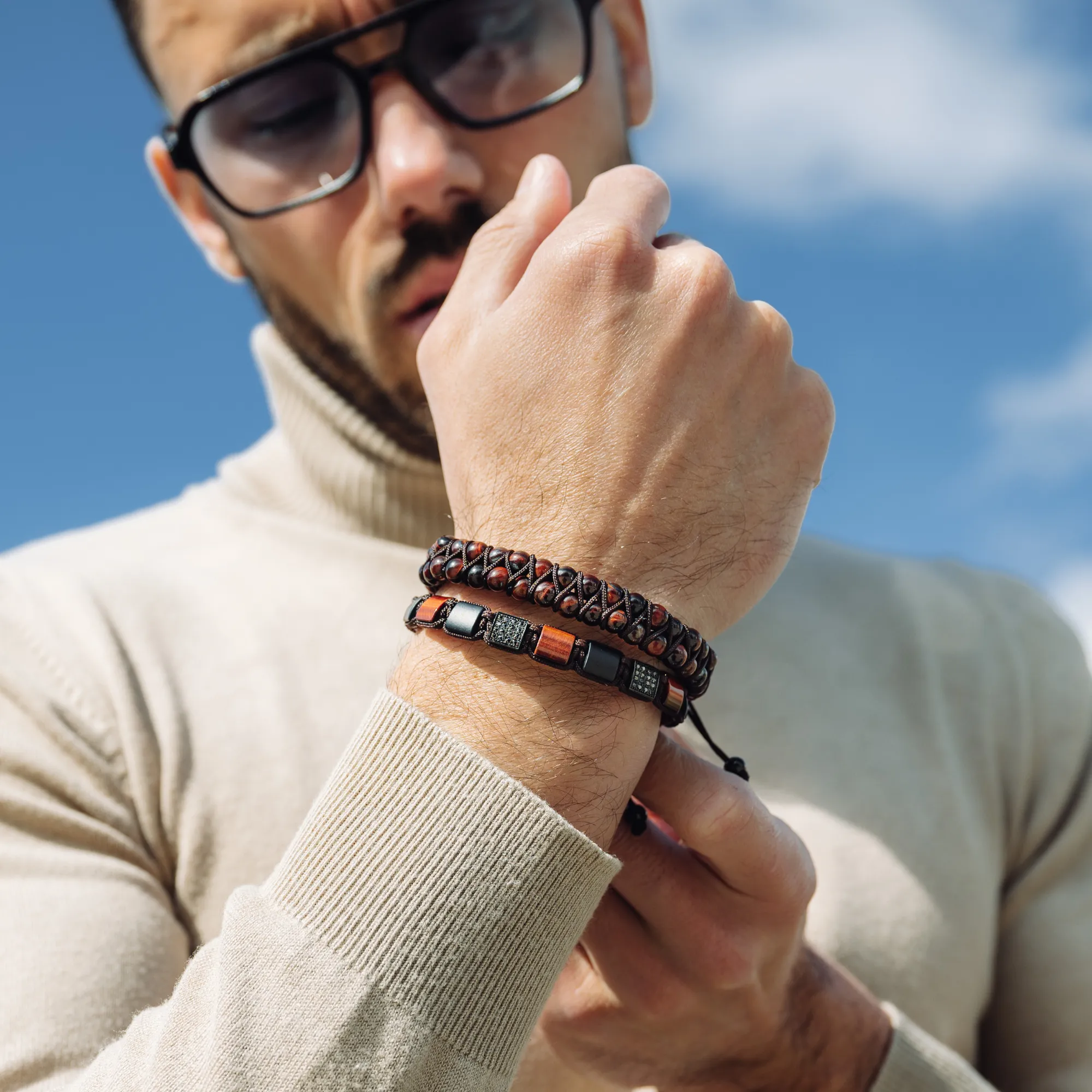 Men's RED TIGER EYE, MATTE ONYX Flat bead Bracelet - One Size Fits All