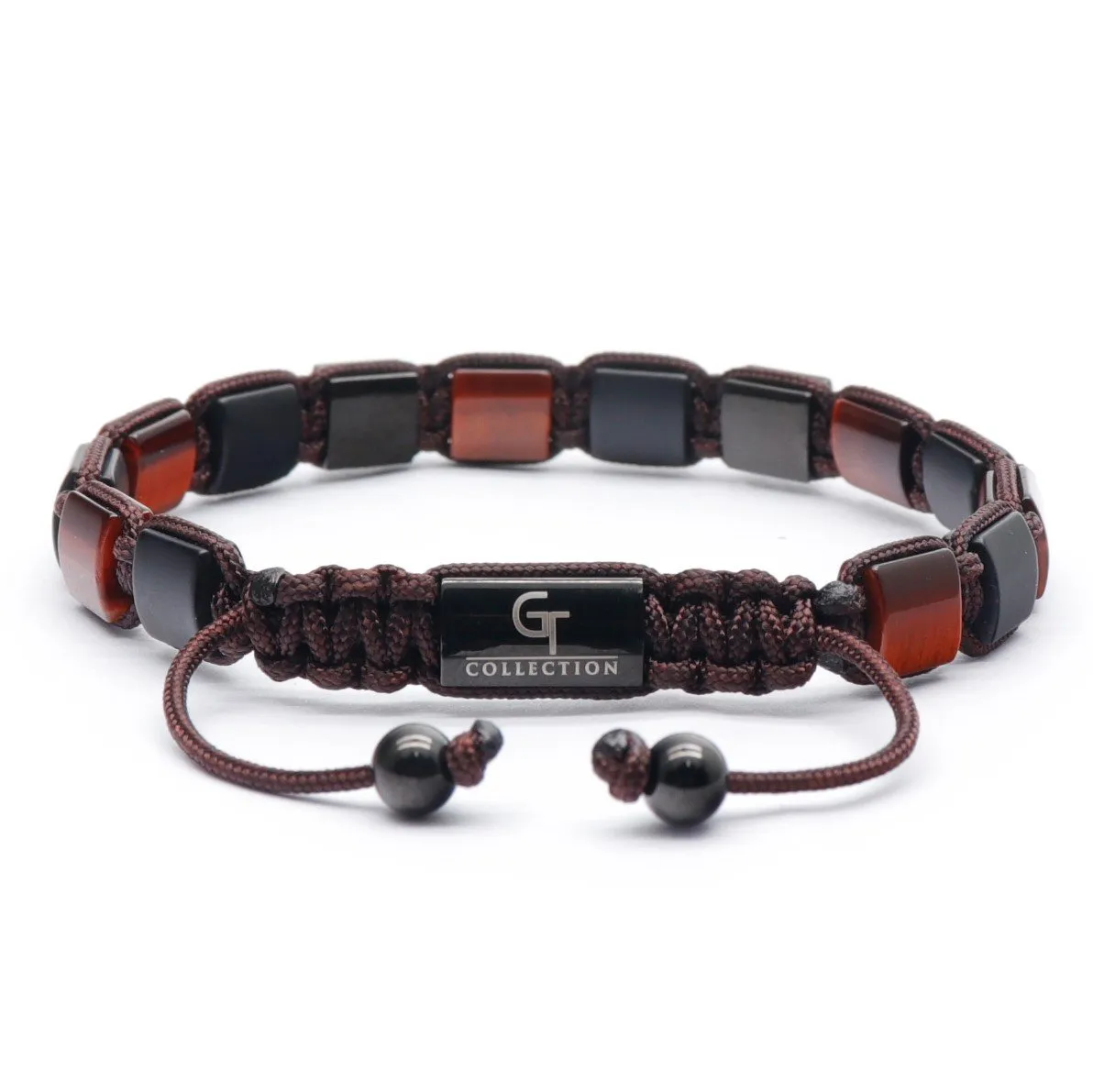 Men's RED TIGER EYE, MATTE ONYX Flat bead Bracelet - One Size Fits All