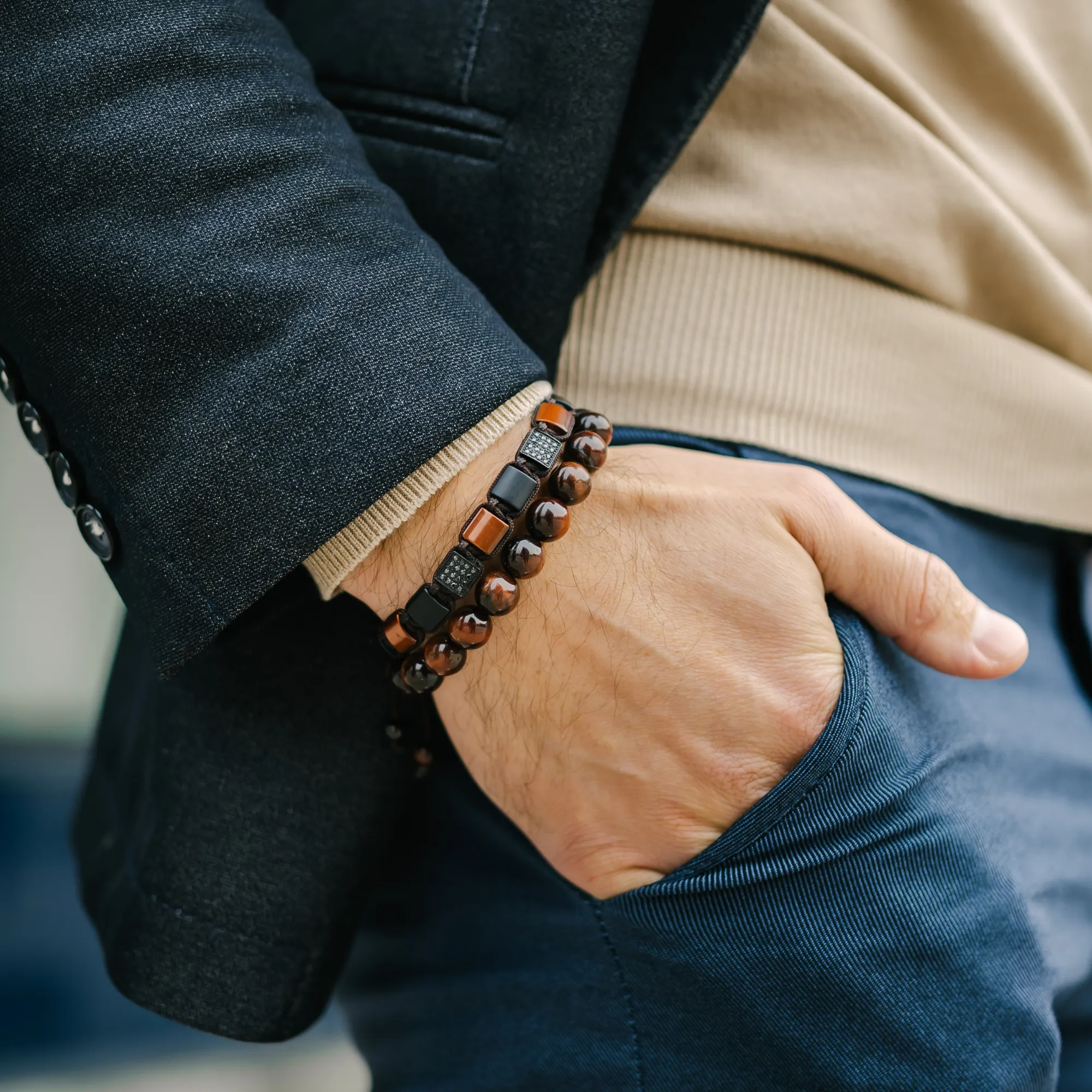 Men's RED TIGER EYE, MATTE ONYX Flat bead Bracelet - One Size Fits All