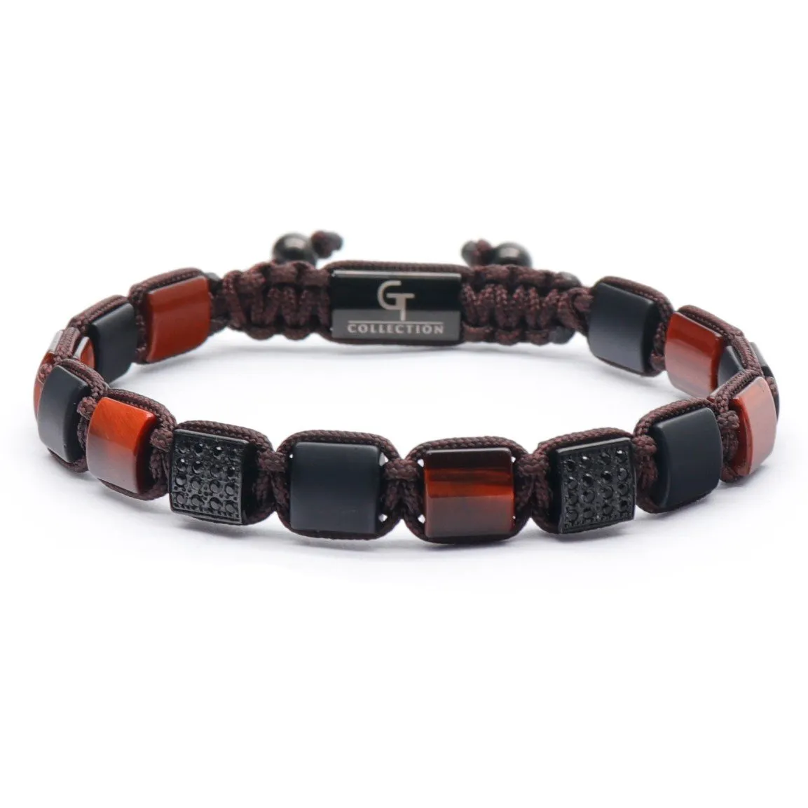 Men's RED TIGER EYE, MATTE ONYX Flat bead Bracelet - One Size Fits All