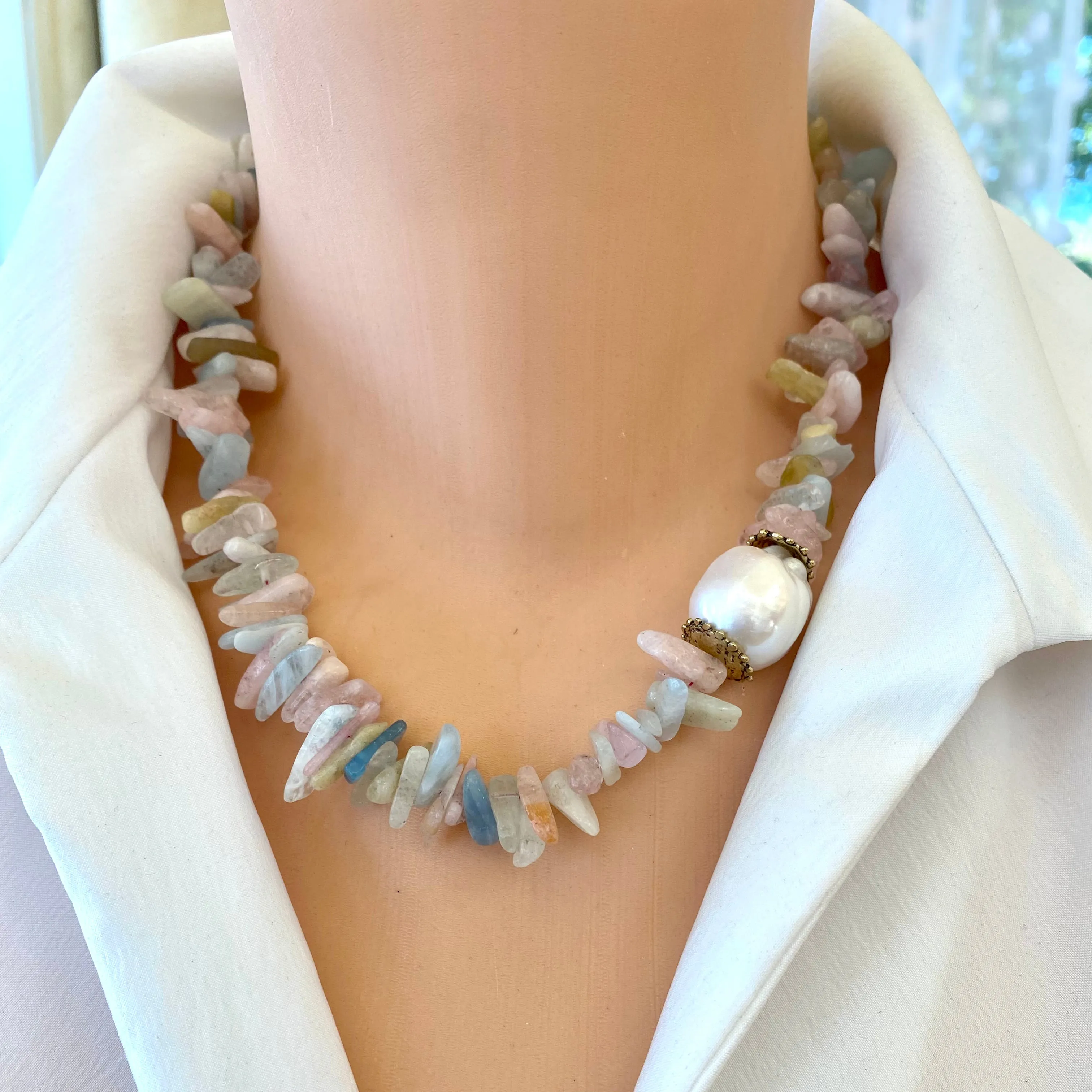 Morganite, Aquamarine and Freshwater Baroque Pearl Necklace, Gold Bronze & Gold Filled, 18inches