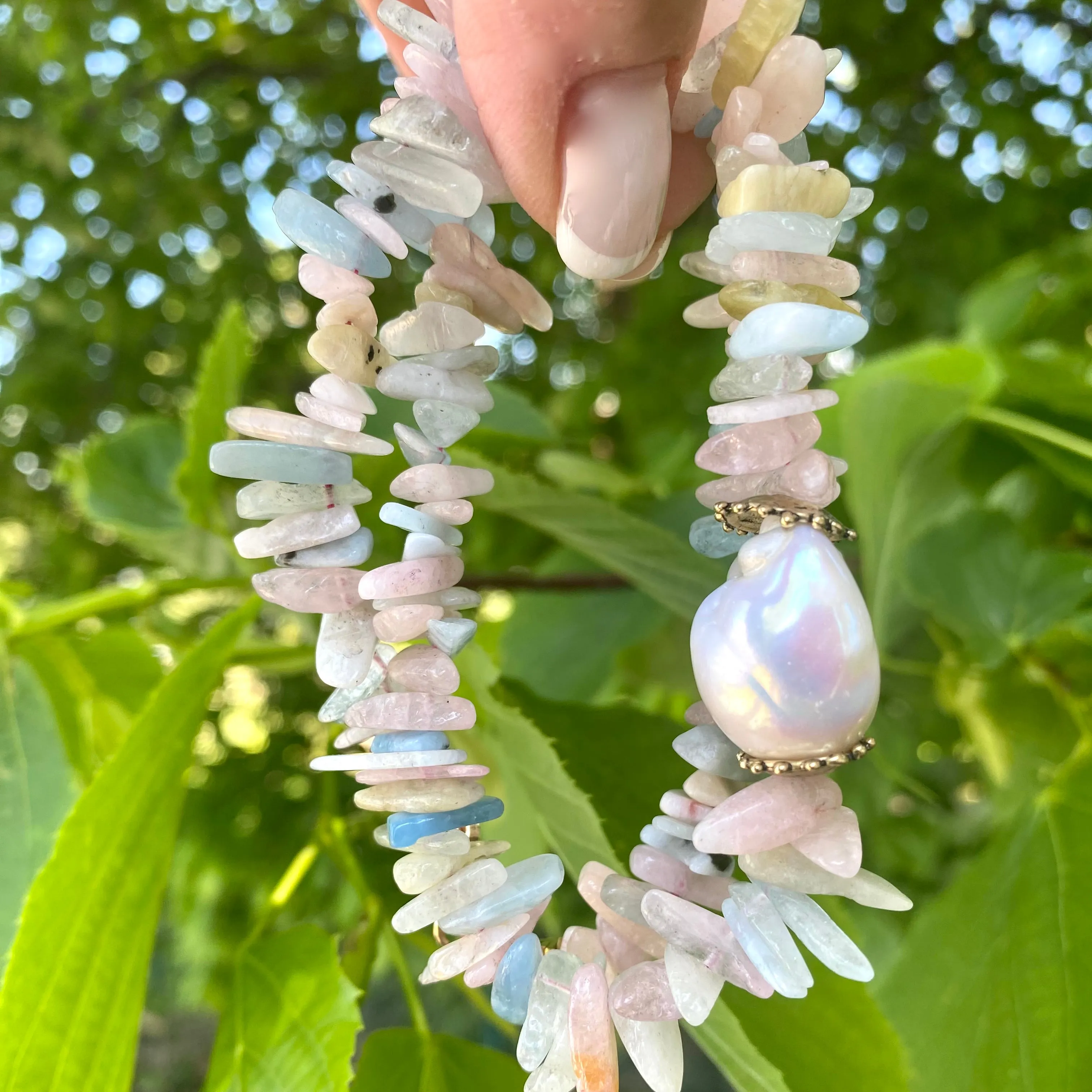 Morganite, Aquamarine and Freshwater Baroque Pearl Necklace, Gold Bronze & Gold Filled, 18inches