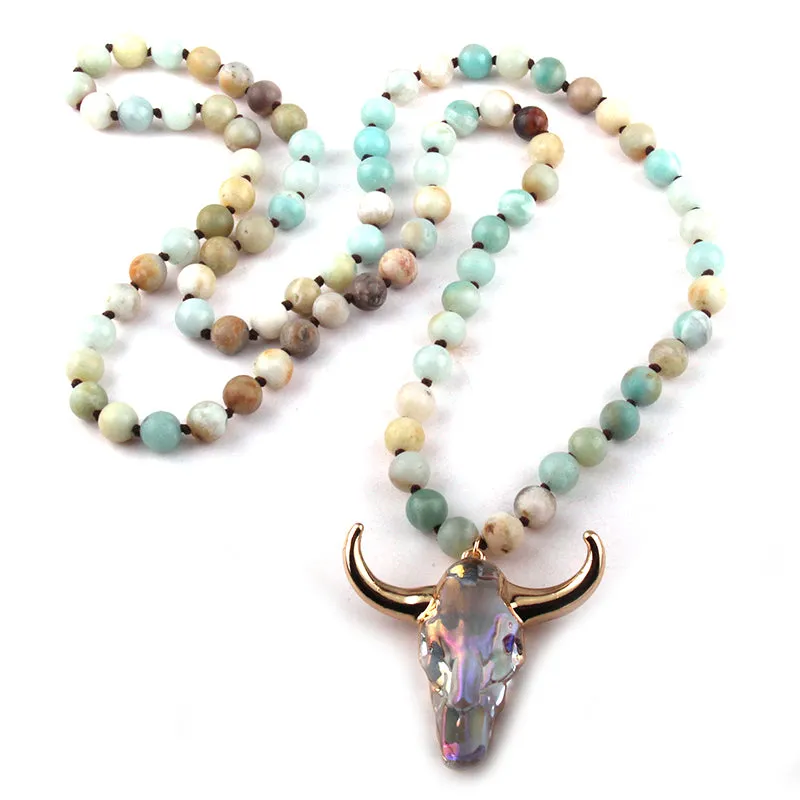 Natural Stone Longhorn Western Pendant Long Necklace