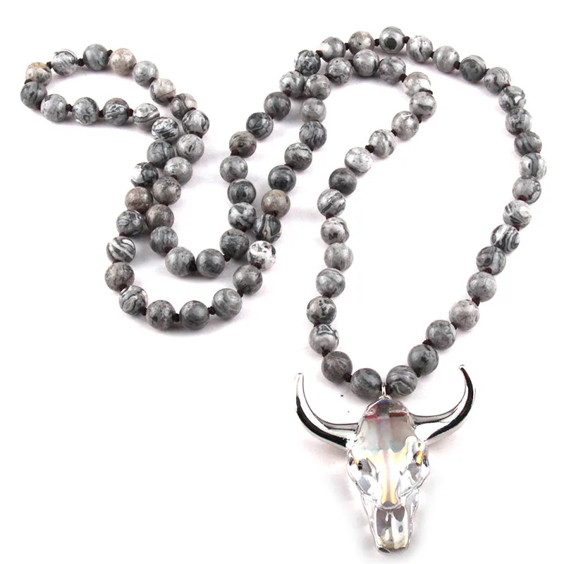 Natural Stone Longhorn Western Pendant Long Necklace