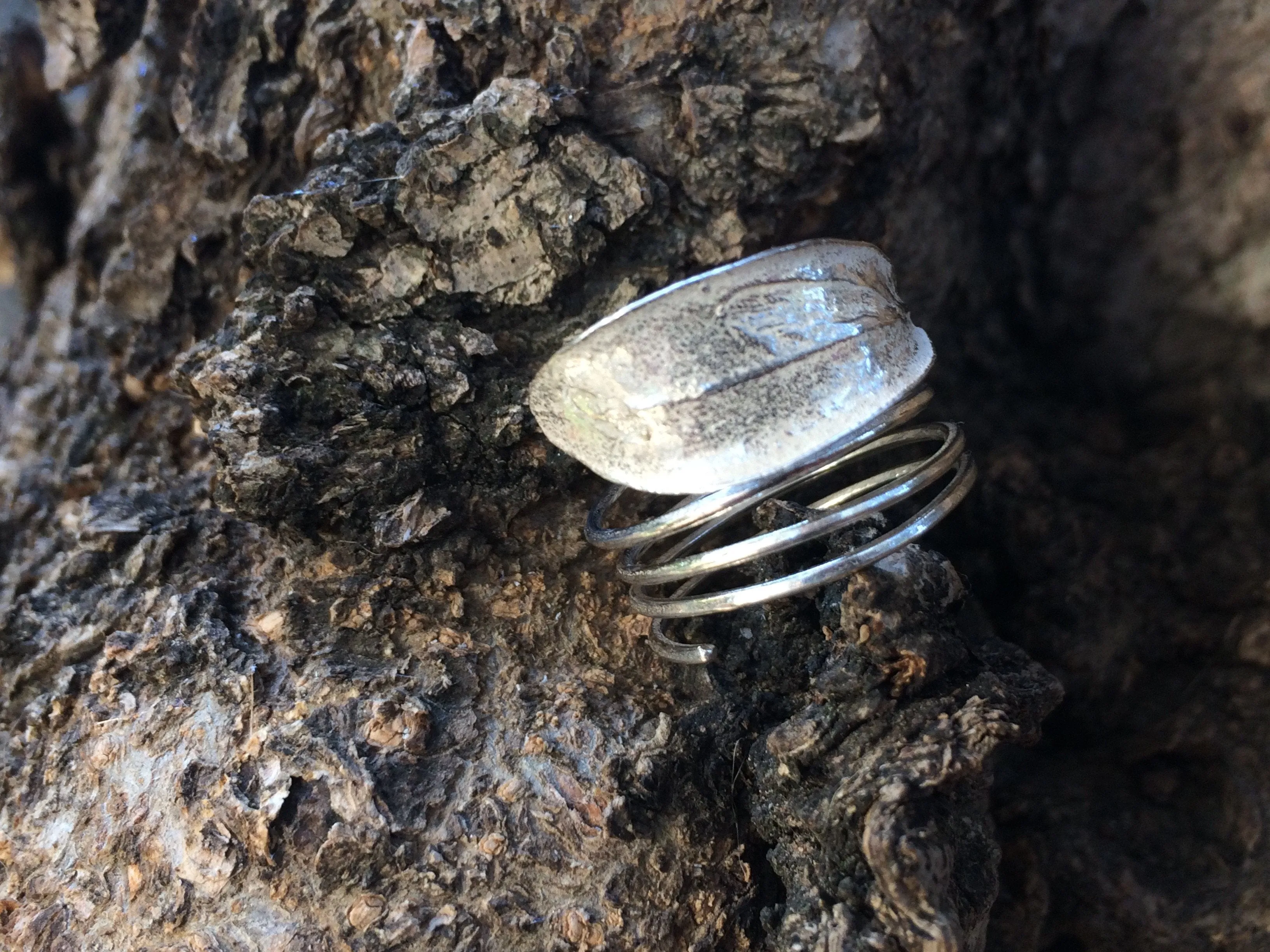 Olive Leaf Sterling Silver Ring - Funky Design on a Skinny Spiral