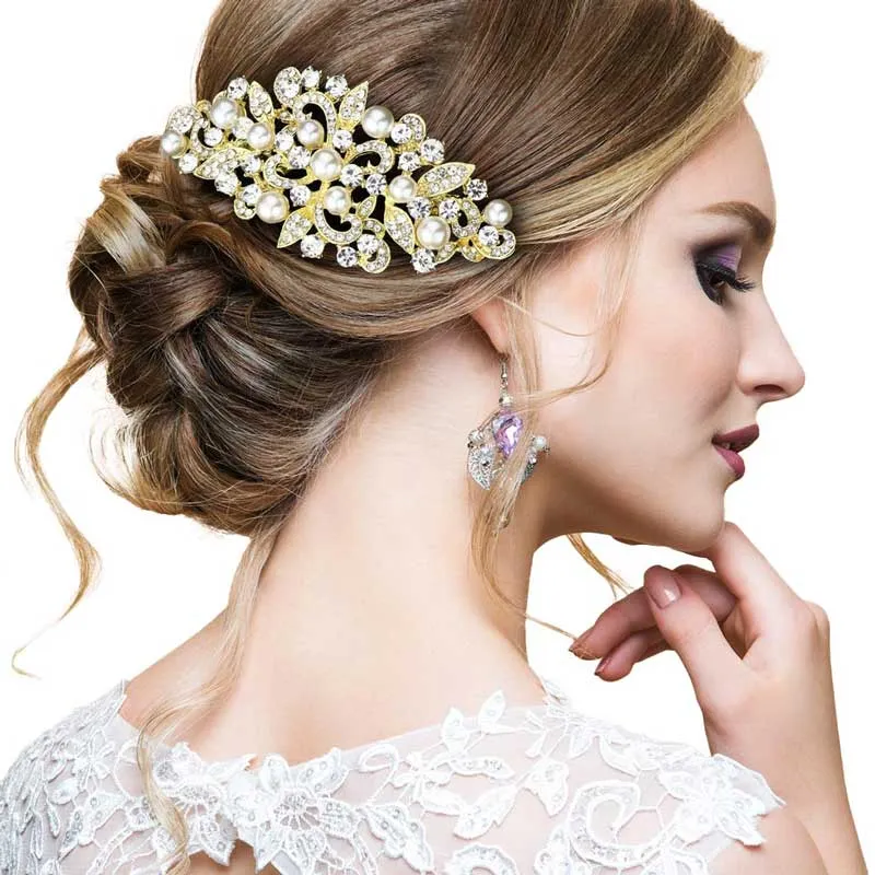 Pearl Accented Rhinestone Pave Hair Comb