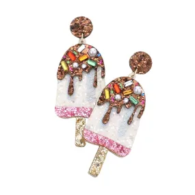 Pearl Stone Embellished Glittered Popsicle Dangle Earrings