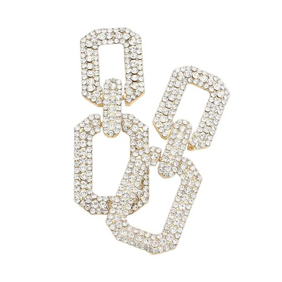 Rhinestone Paved Open Square Link Evening Earrings