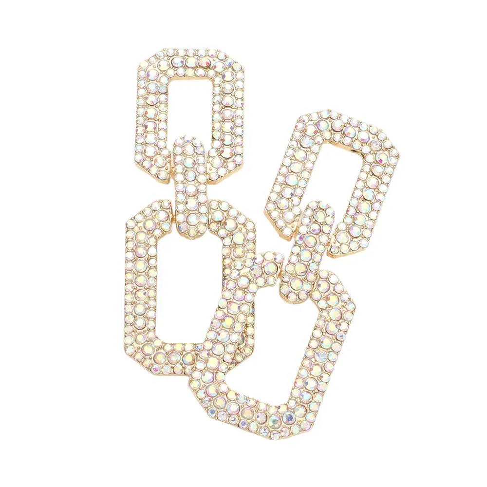 Rhinestone Paved Open Square Link Evening Earrings