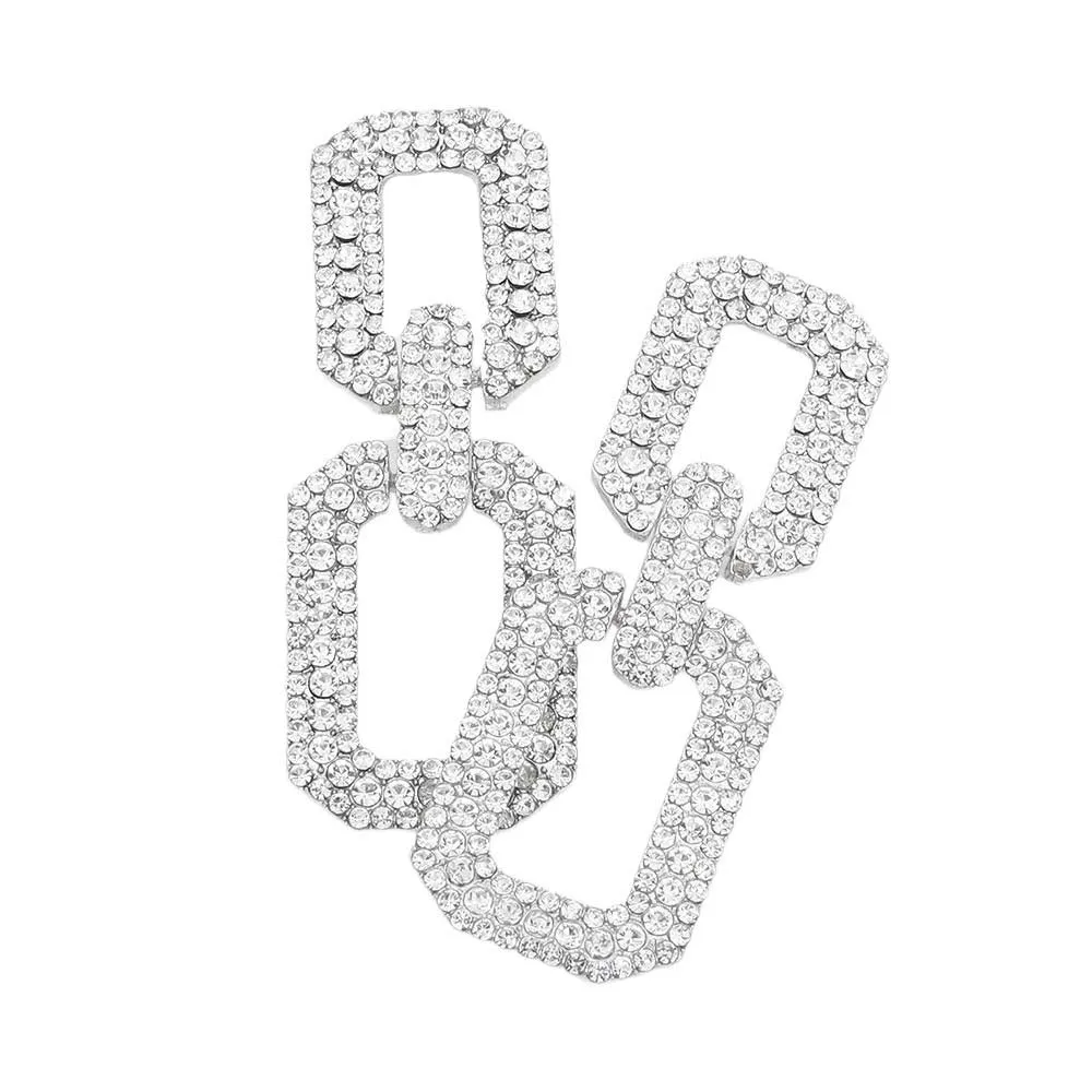 Rhinestone Paved Open Square Link Evening Earrings