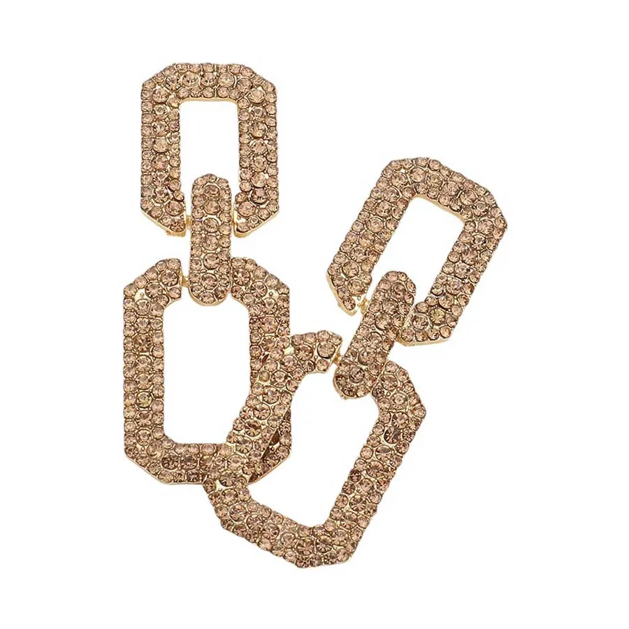 Rhinestone Paved Open Square Link Evening Earrings