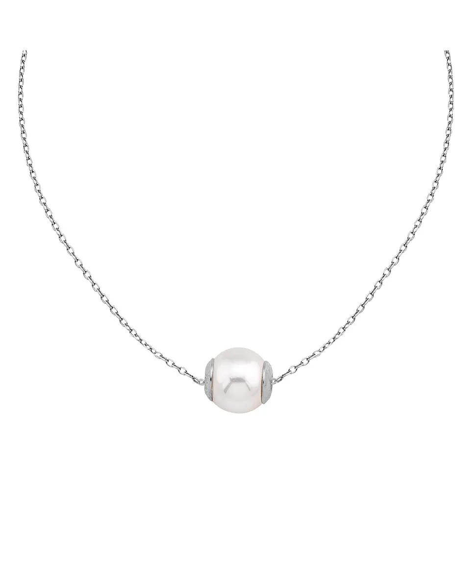 Rhodium Choker with a 10mm Round White Pearl, 13   4 Length, Nuada Collection