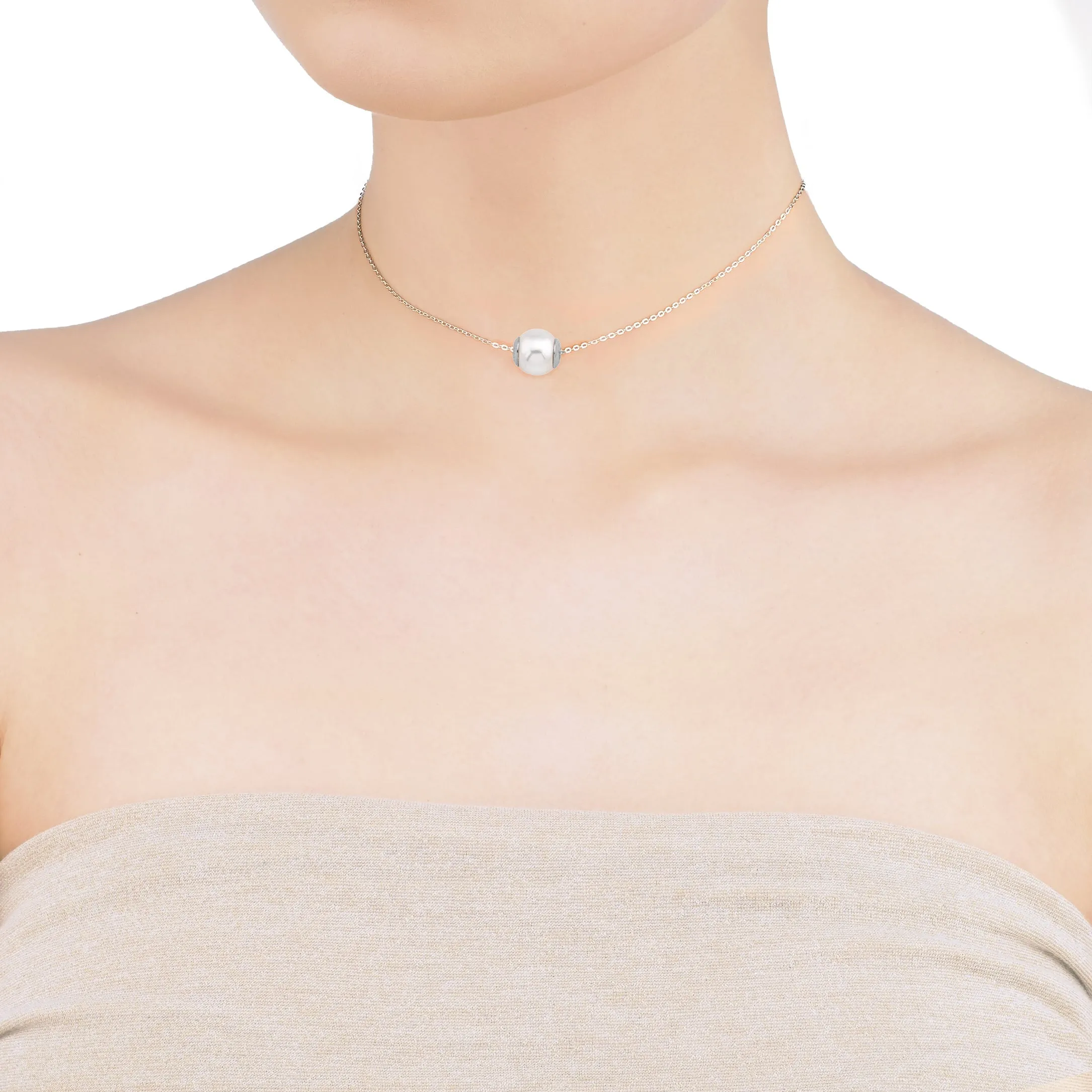 Rhodium Choker with a 10mm Round White Pearl, 13   4 Length, Nuada Collection