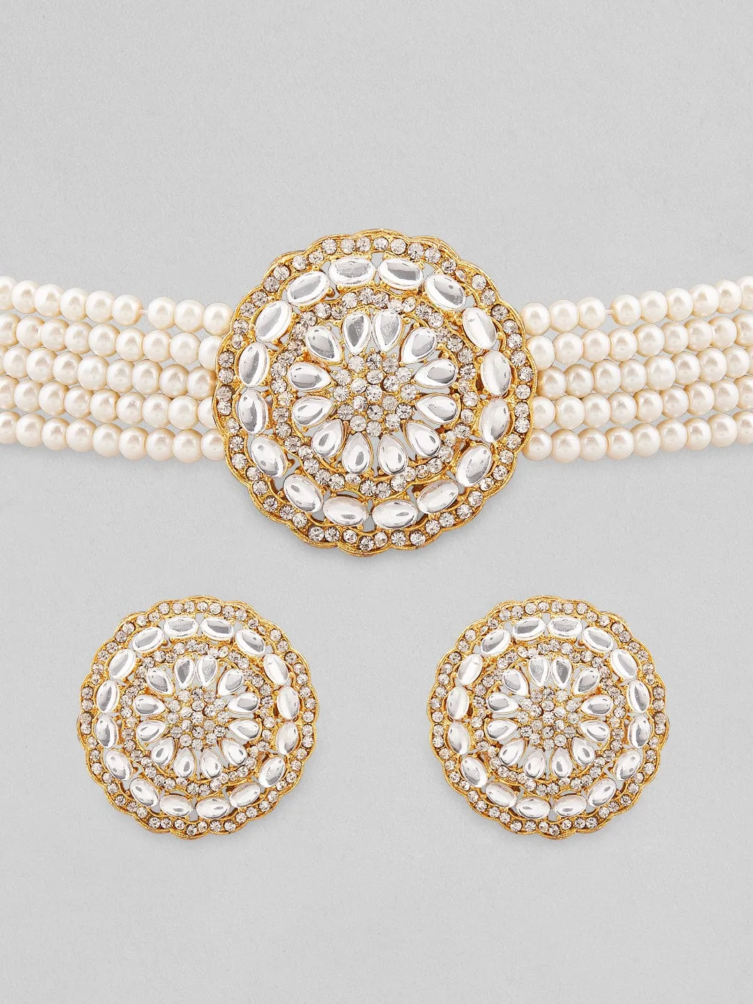 Rubans Gold Plated Elegant Kundan Choker Set With White Beads.