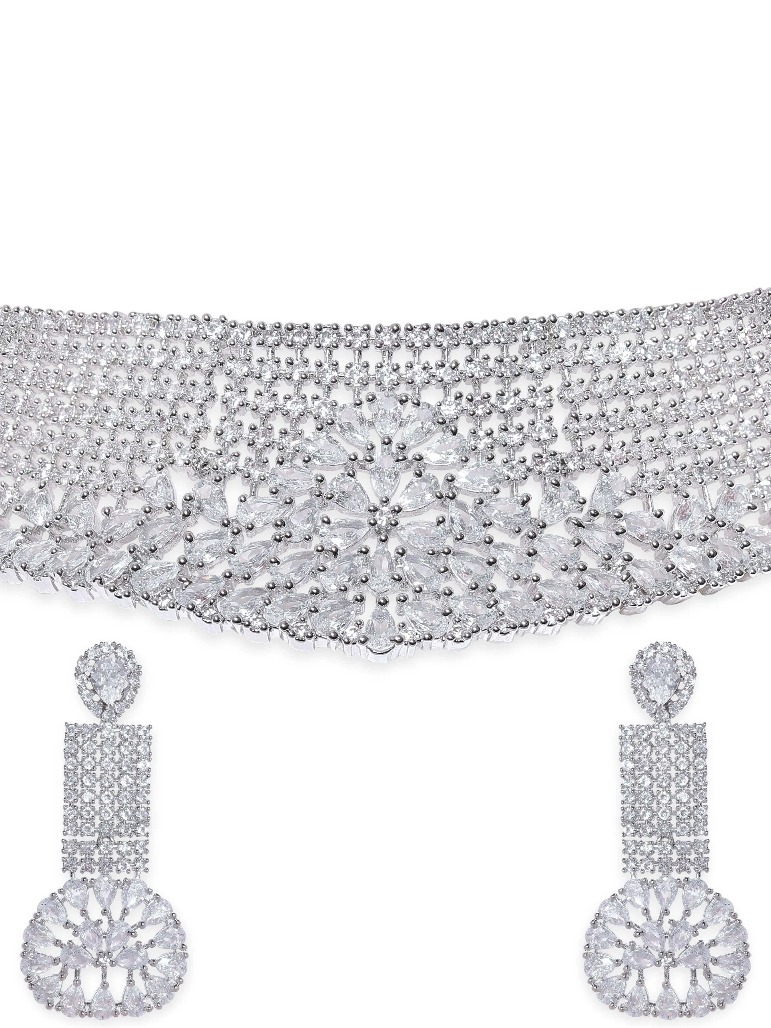 Rubans Rhodium plated pave zirconia studded statement  choker necklace