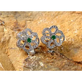 Saqafat Floral Earrings with Green Stone (925 Sterling Silver)