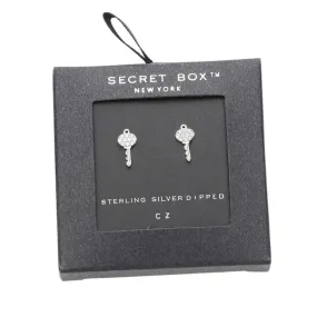 Secret Box Sterling Silver Dipped CZ Key Stud Earrings