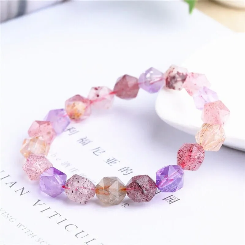 Seven Gold Rutilated Amethyst Strawberry Quartz Clear Beads Bracelet