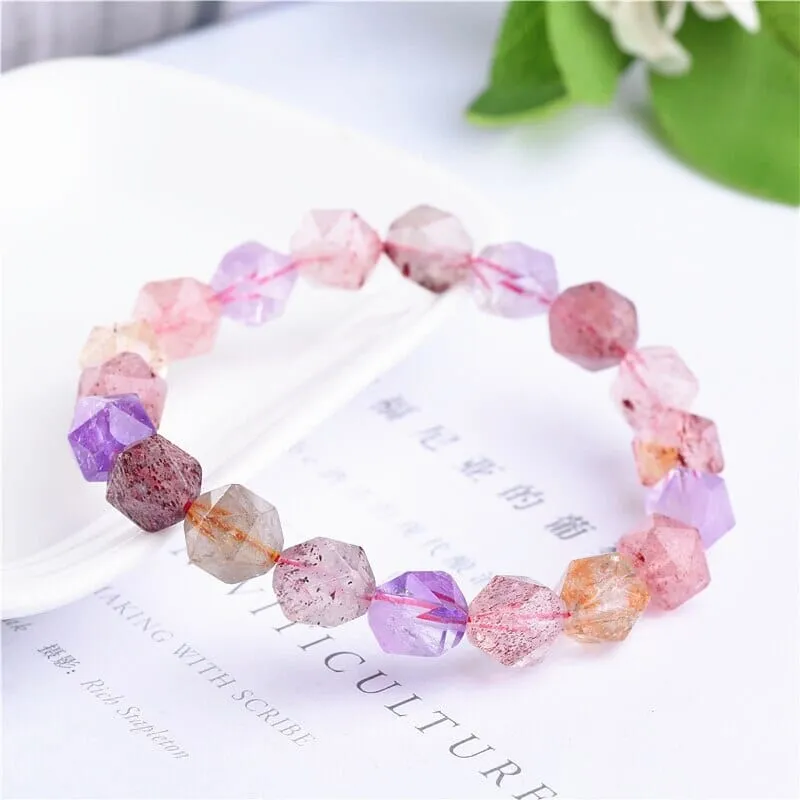 Seven Gold Rutilated Amethyst Strawberry Quartz Clear Beads Bracelet