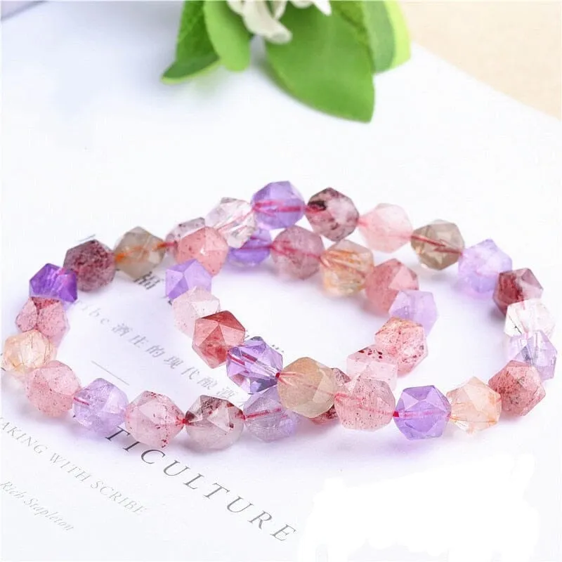 Seven Gold Rutilated Amethyst Strawberry Quartz Clear Beads Bracelet