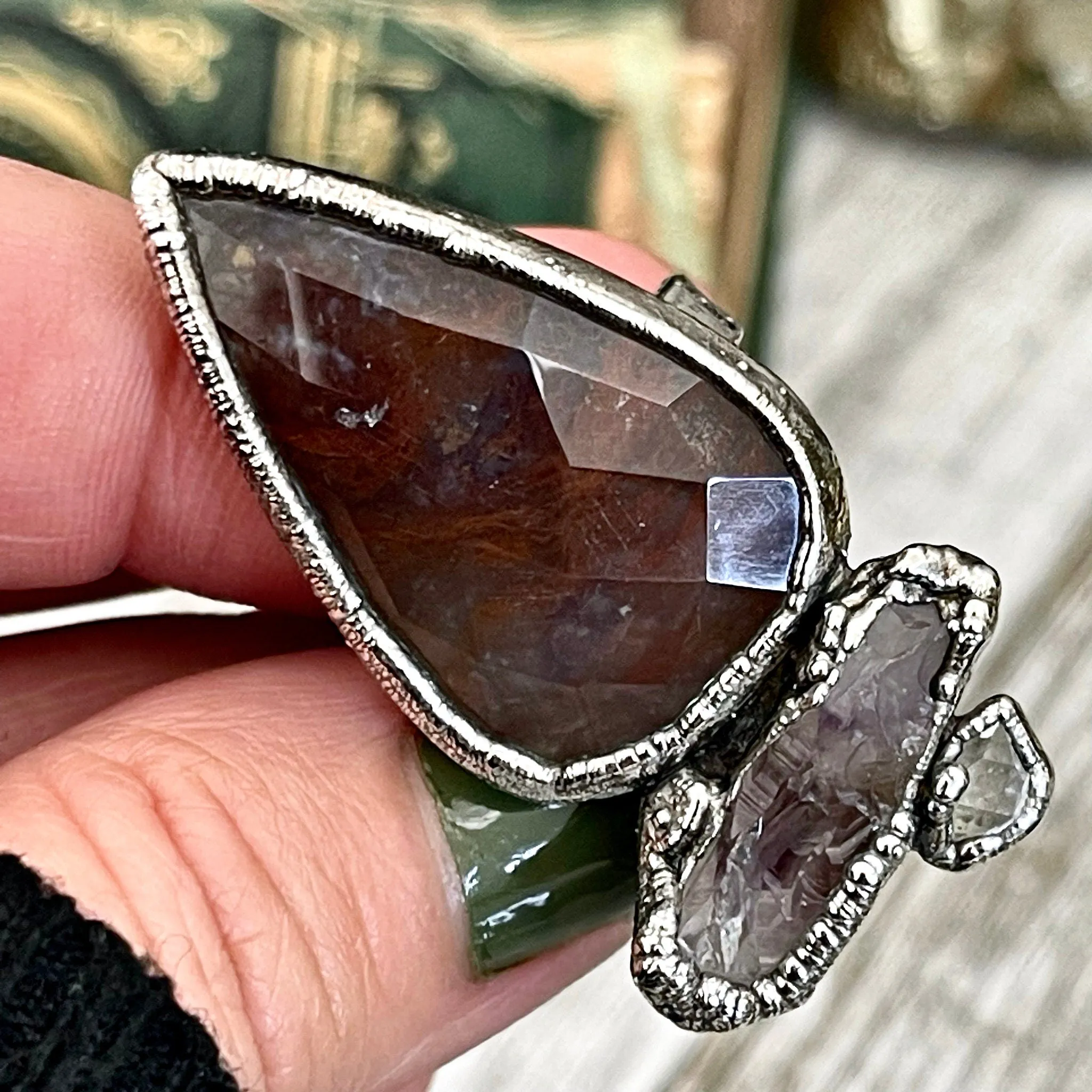 Size 6.5 Crystal Ring - Three Stone Fancy Moss Agate Amethyst Herkimer Silver Ring / Foxlark Collection - One of a Kind