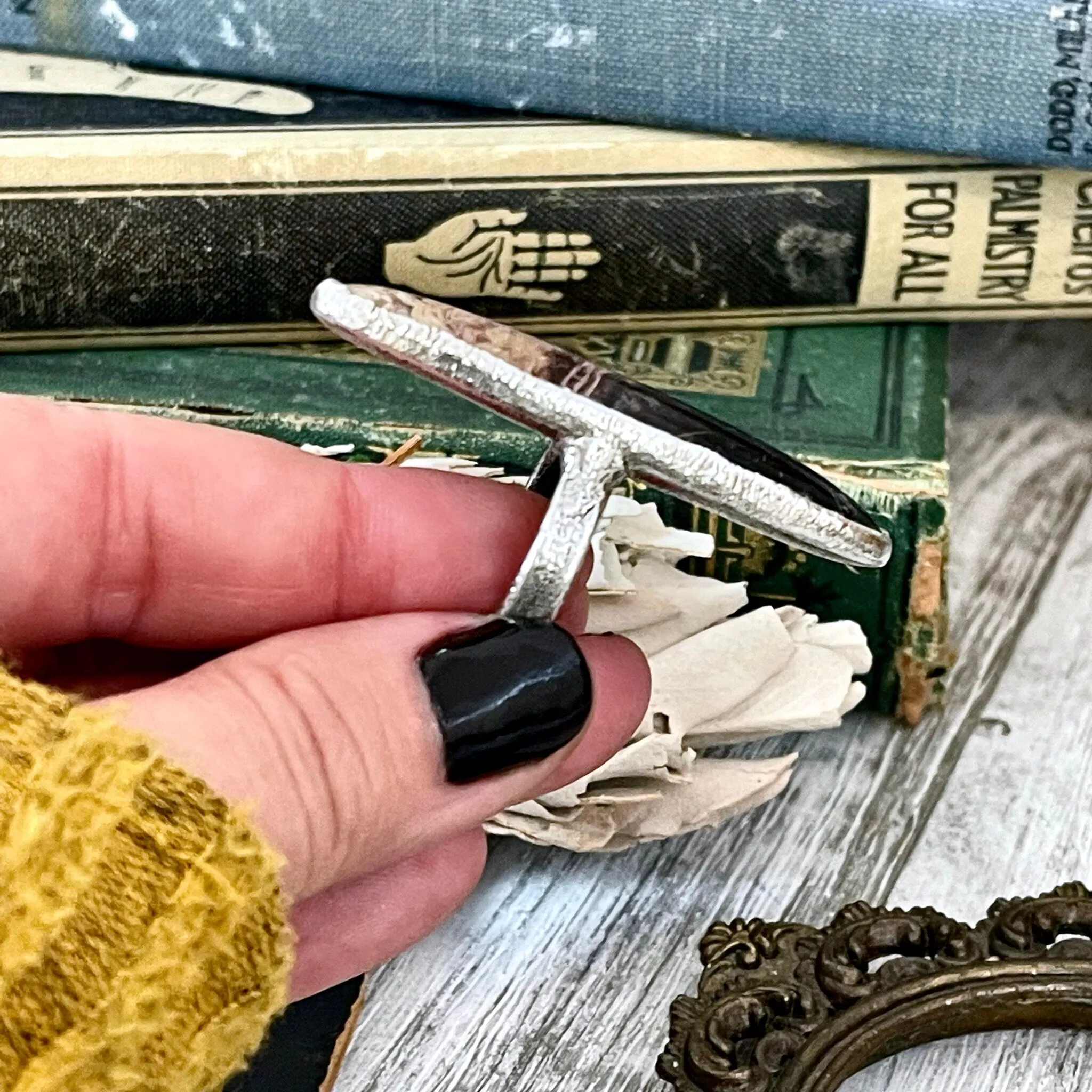 Size 7 Large Fossilized Palm Root Statement Ring in Fine Silver - Black Stone Ring / Foxlark Collection - One of a Kind