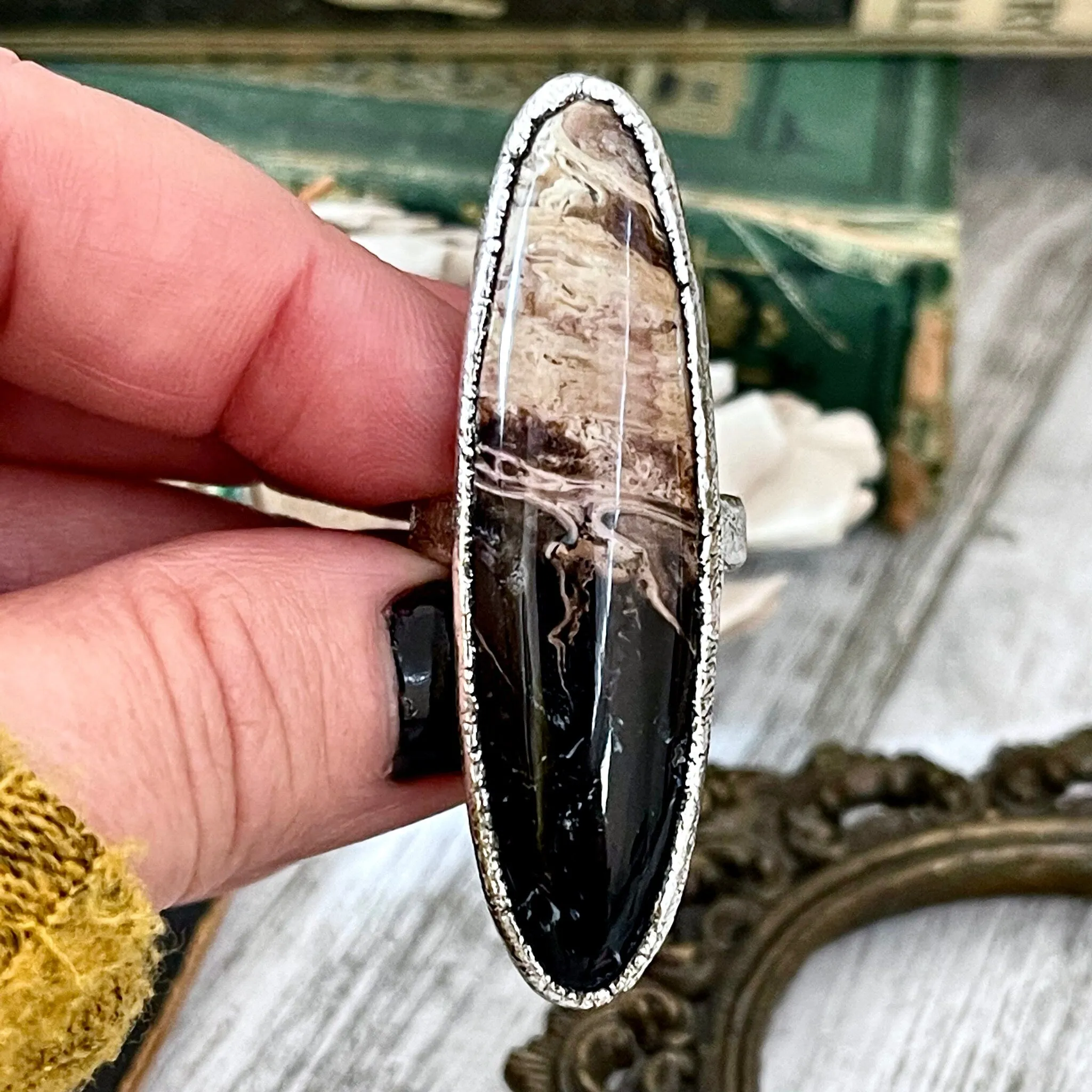 Size 7 Large Fossilized Palm Root Statement Ring in Fine Silver - Black Stone Ring / Foxlark Collection - One of a Kind