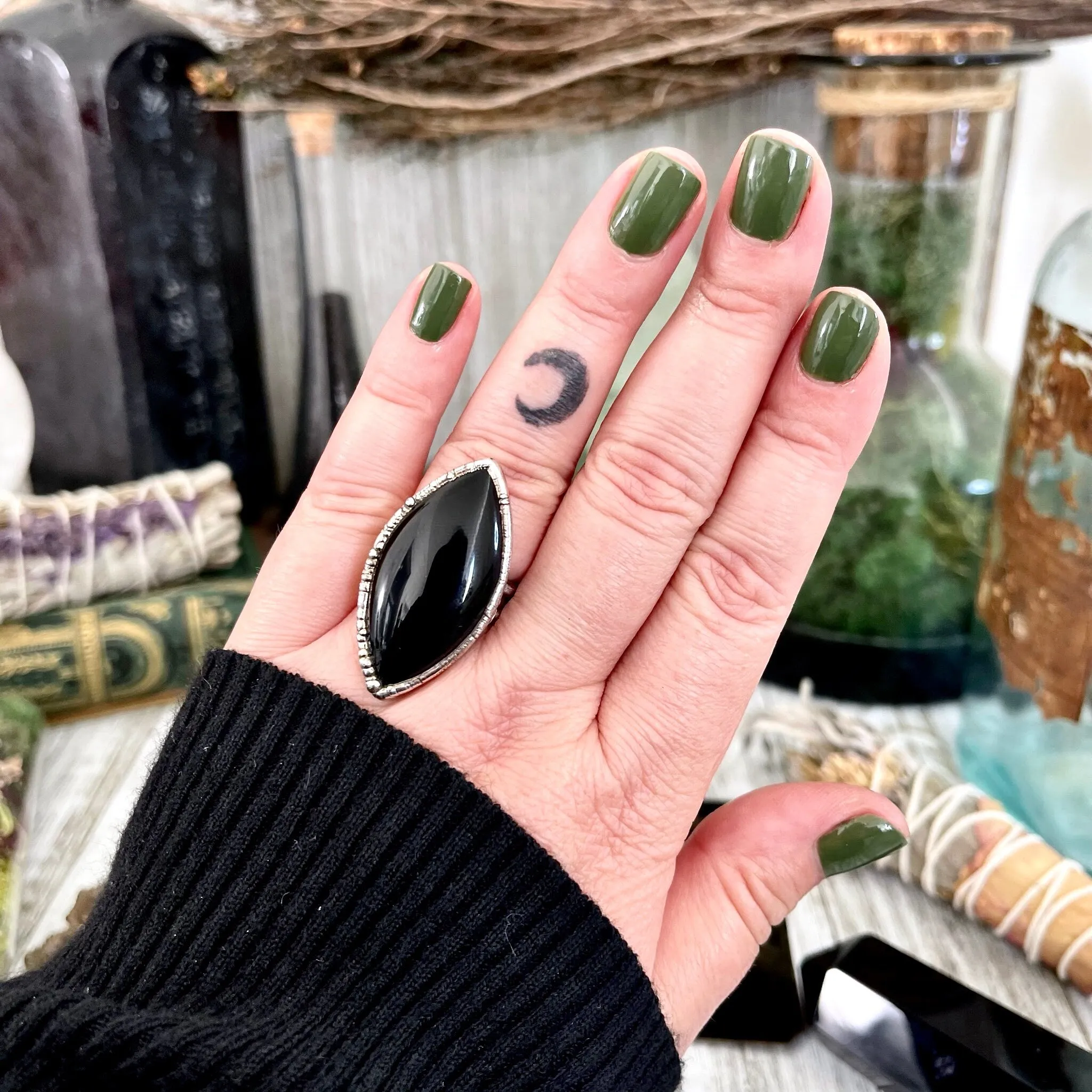 Size 7.5 Natural Black Onyx Ring in Fine Silver /  Large Crystal Ring  - Black Stone Ring - Silver Crystal Ring - Bohemian Jewelry Gemstone