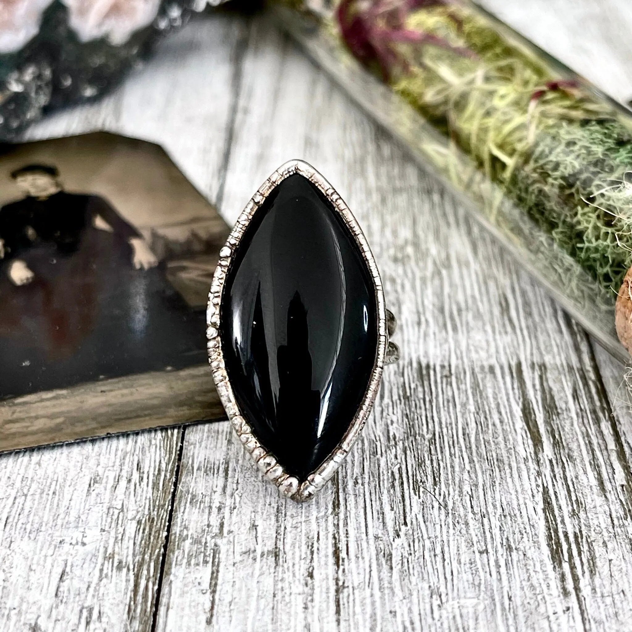 Size 7.5 Natural Black Onyx Ring in Fine Silver /  Large Crystal Ring  - Black Stone Ring - Silver Crystal Ring - Bohemian Jewelry Gemstone